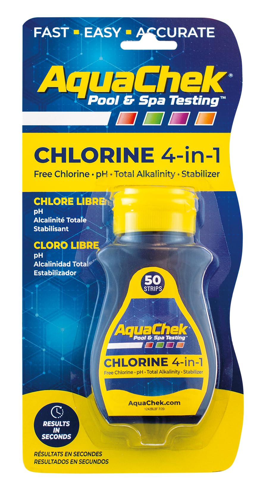 AquaChek Yellow Chlorine 4-Way Test Strips with colour chart