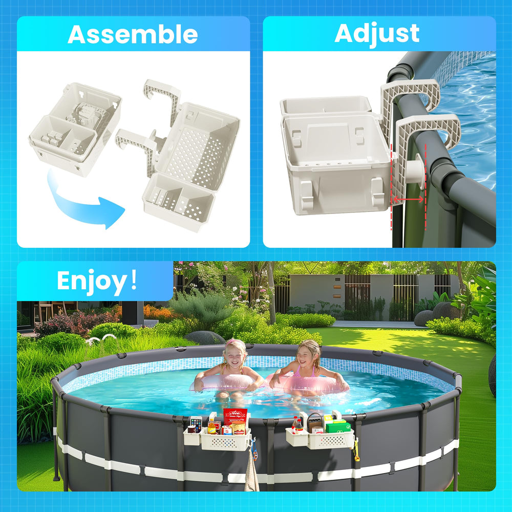 AquaJoyer beige storage basket filled with kids' swim gear