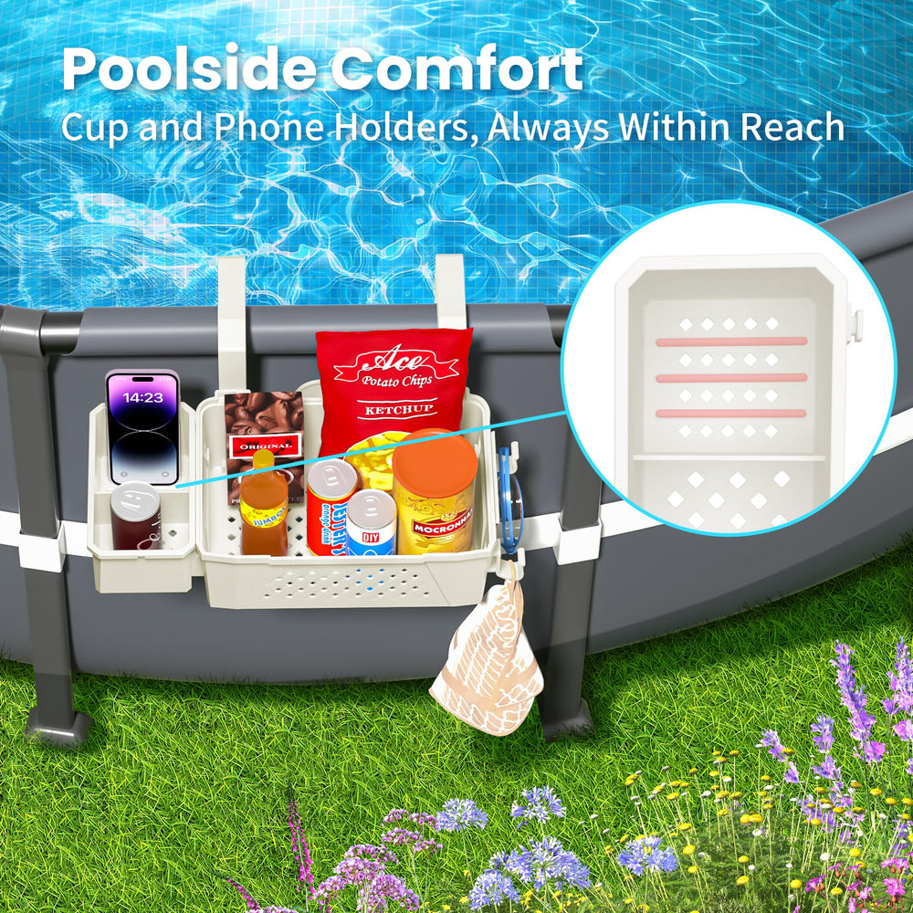 AquaJoyer storage basket in use by above ground pool
