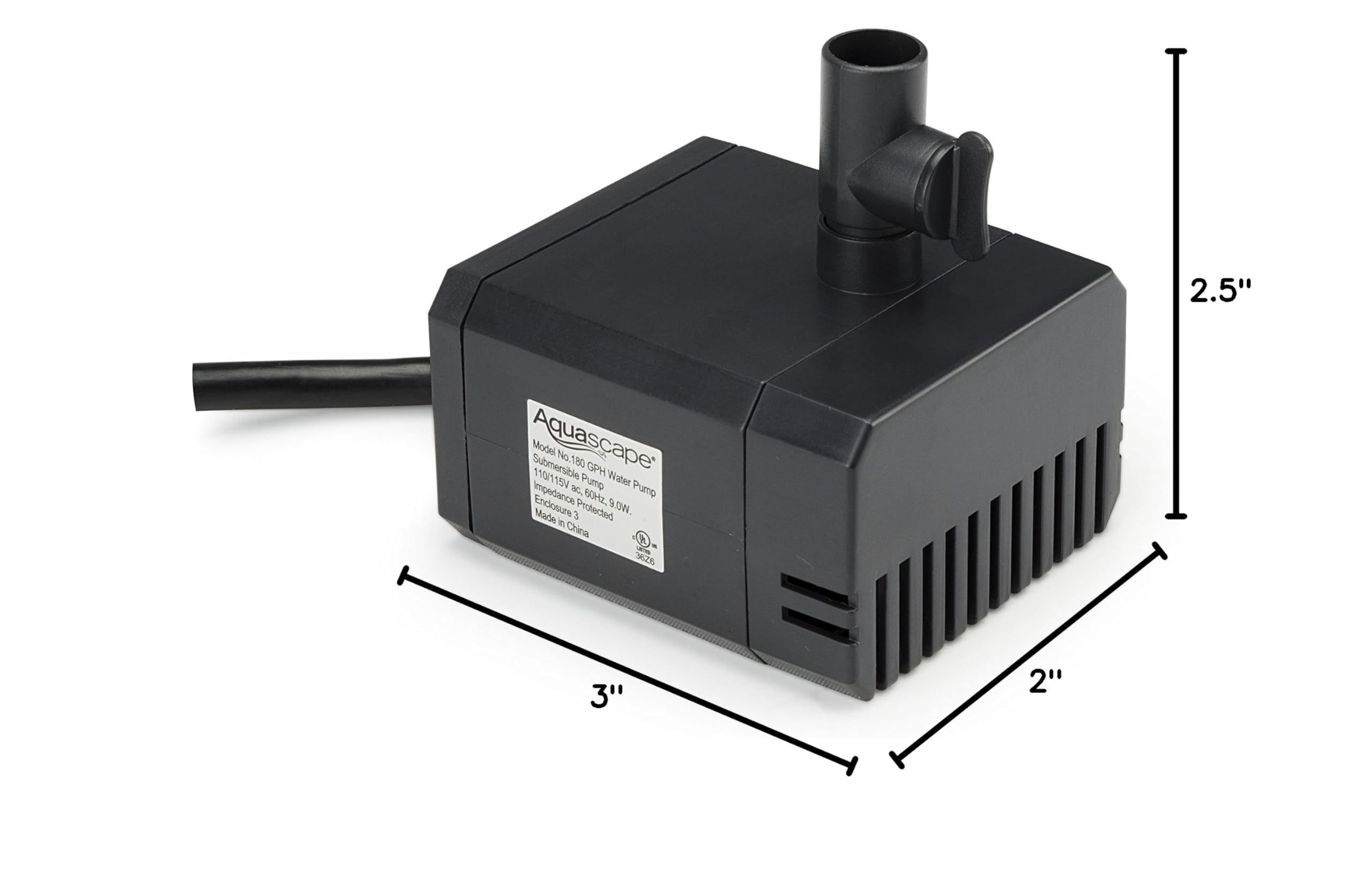 Aquascape 180 GPH water pump dimensions showing compact size
