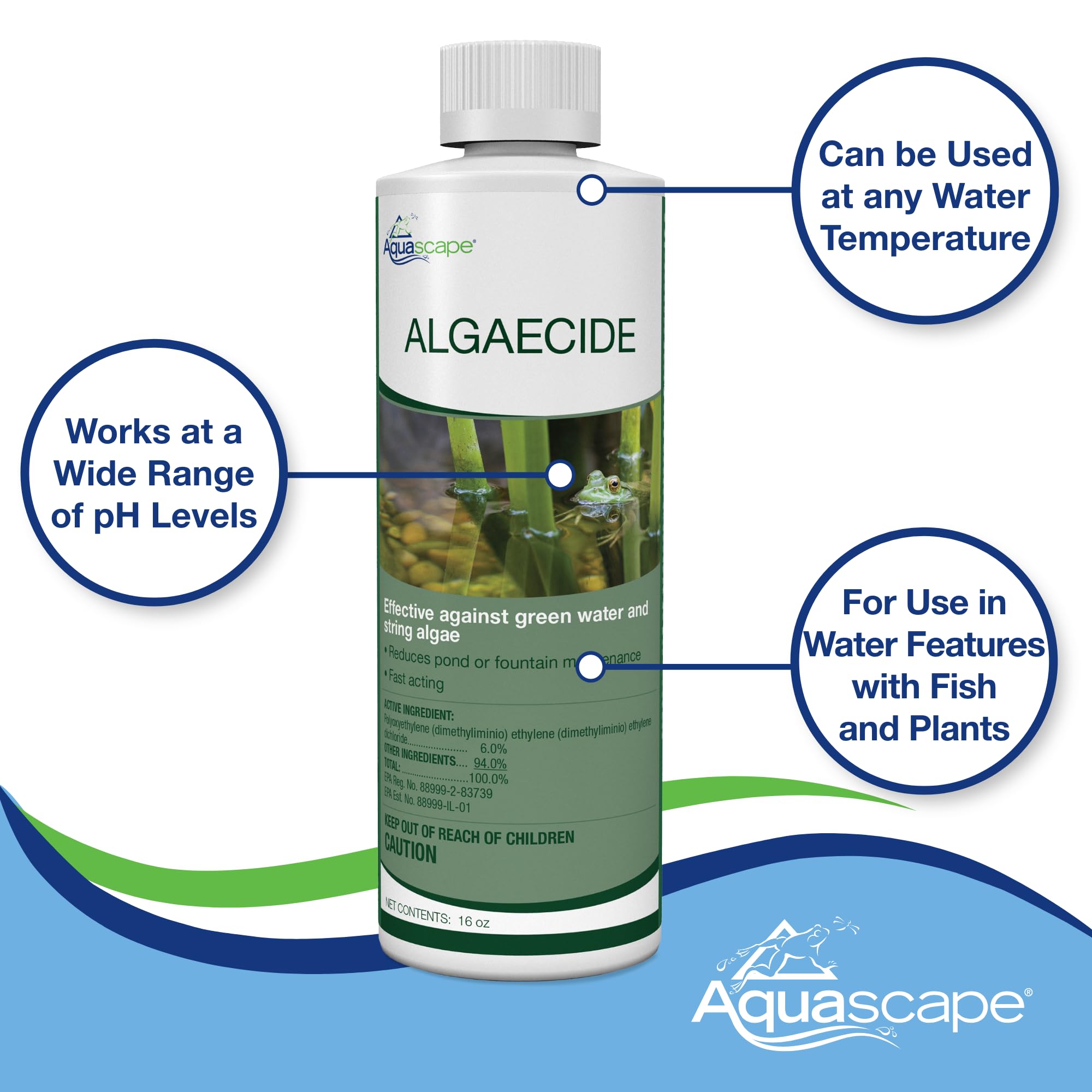 Aquascape Algaecide bottle side view showcasing steel material