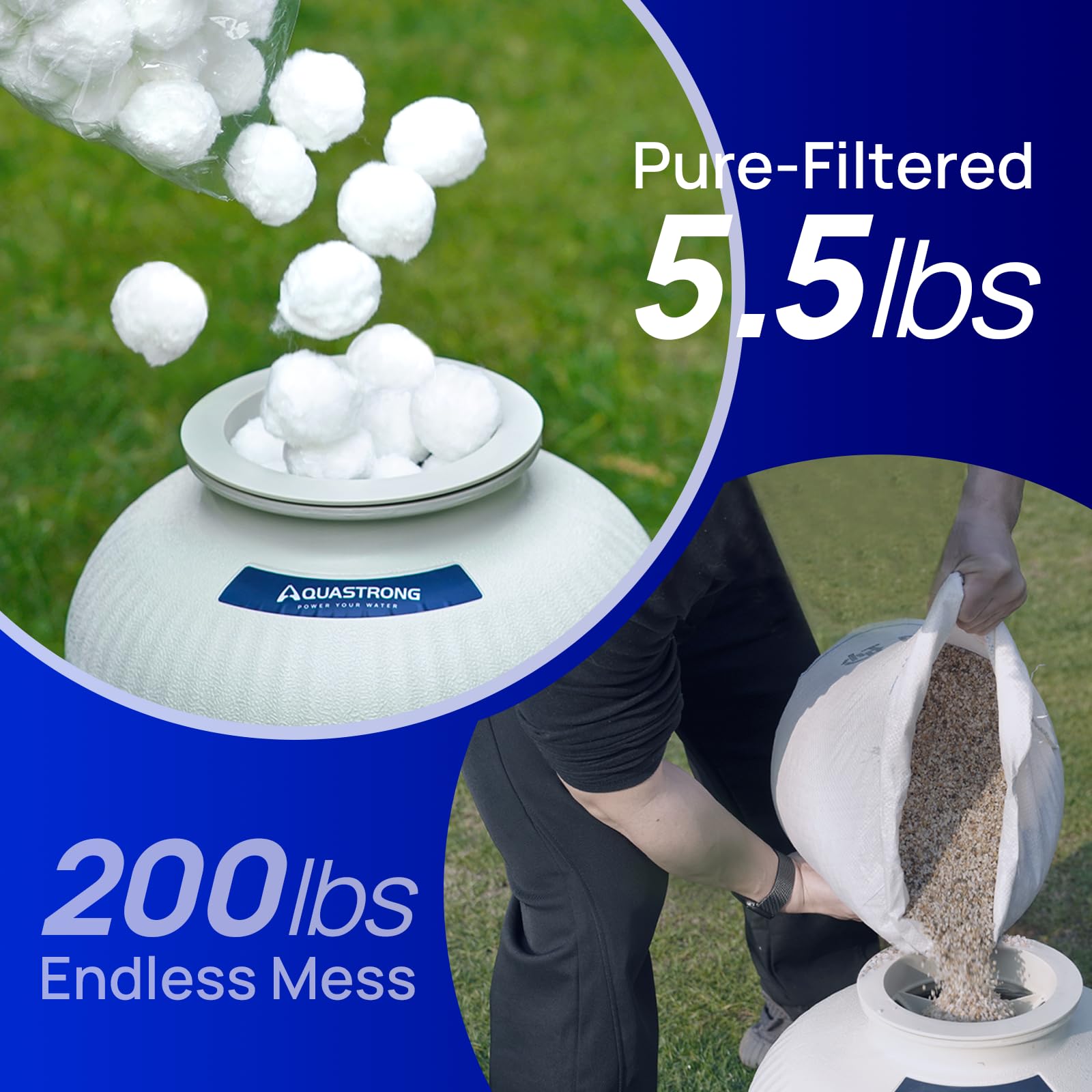 AQUASTRONG Pool Filter Balls beside traditional sand for comparison