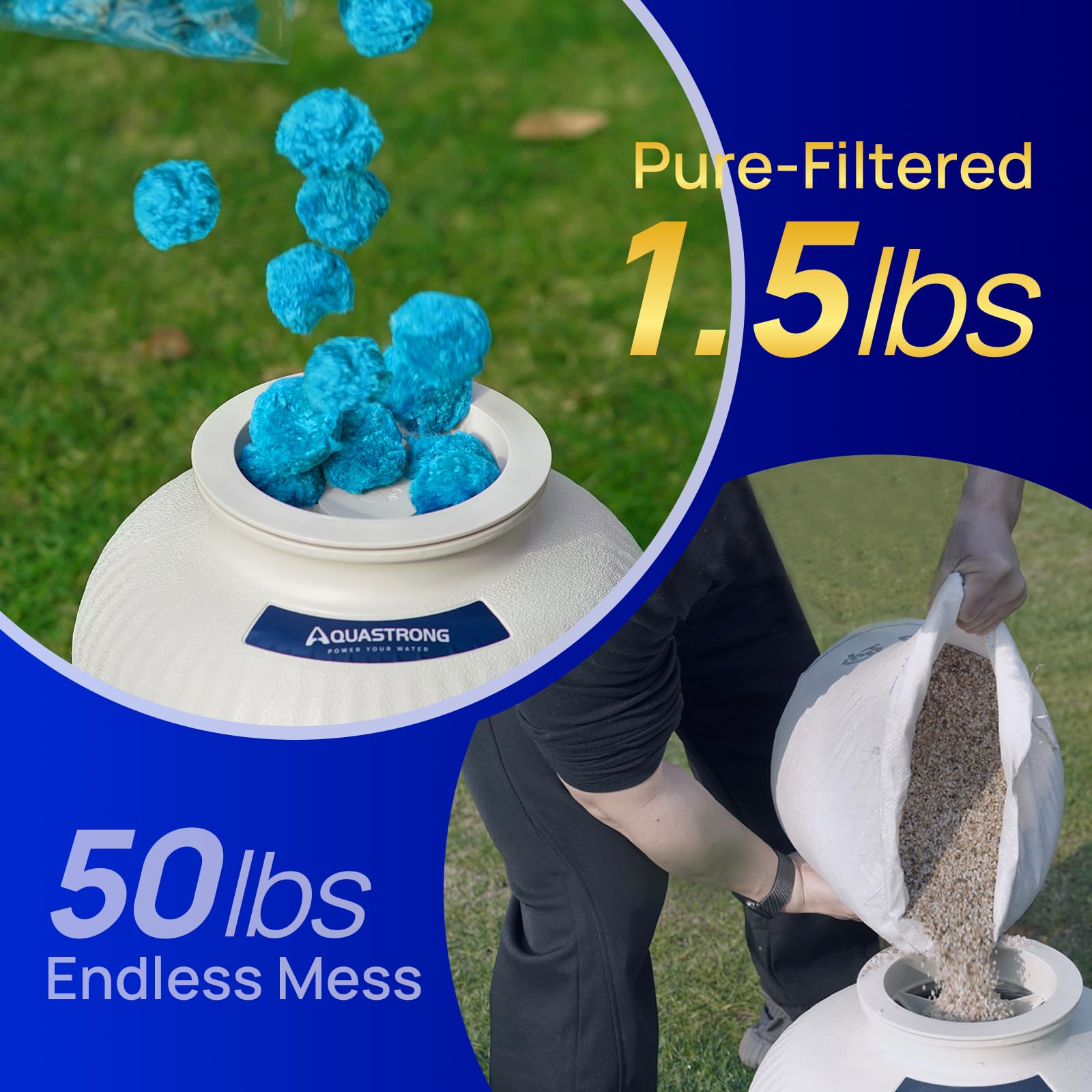 AQUASTRONG Pool Filter Balls demonstrating cleaning process