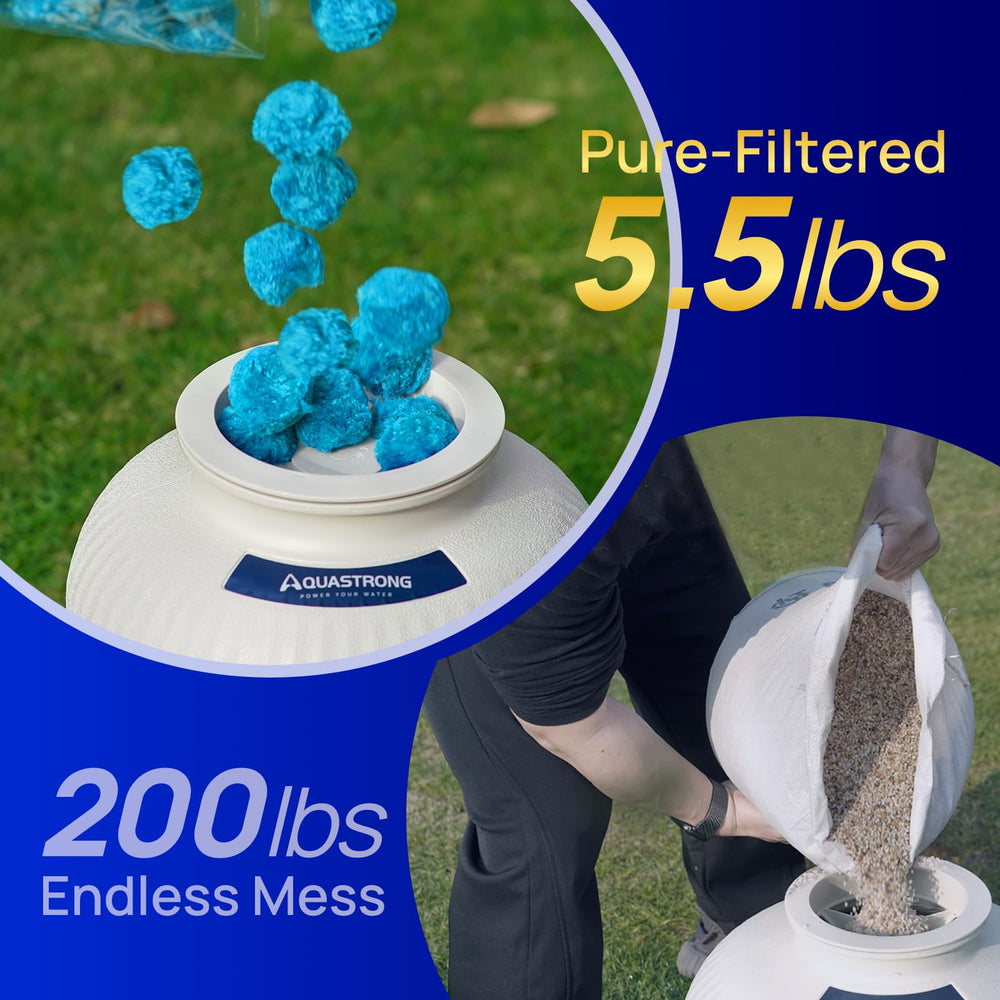 AQUASTRONG Pool Filter Balls next to traditional sand