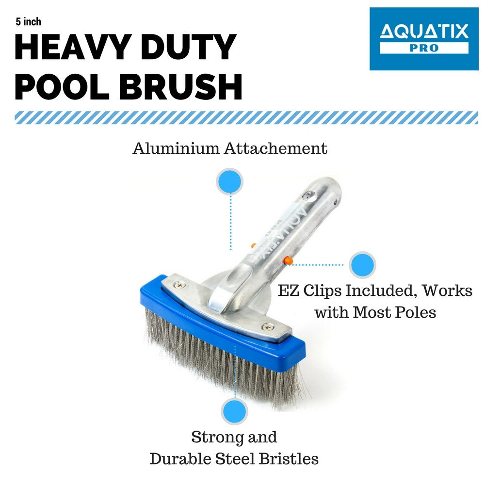 Aquatix Pro Pool Brush with a close-up of stainless steel bristles