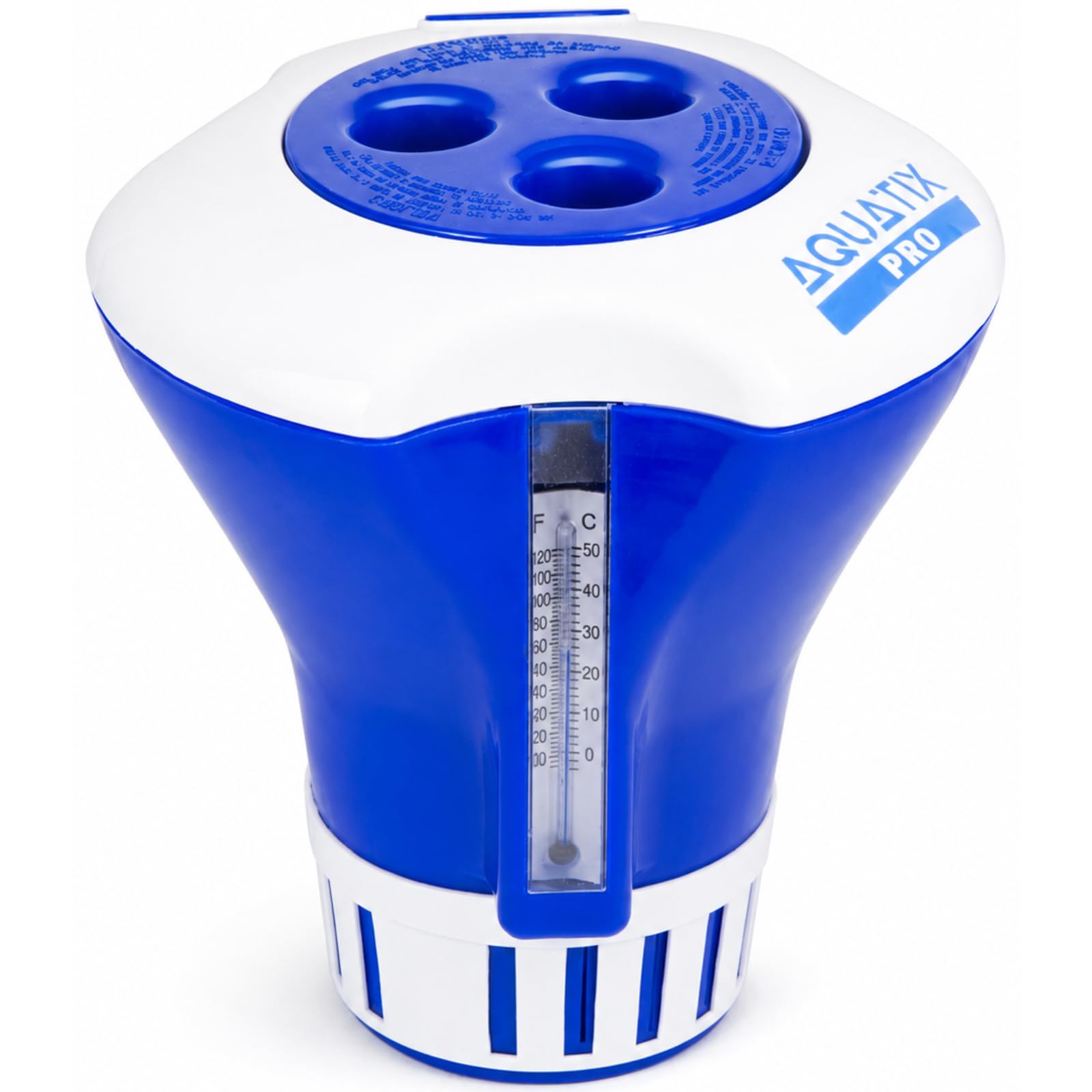 Aquatix Pro Pool Chlorine Floater Dispenser front view with thermometer