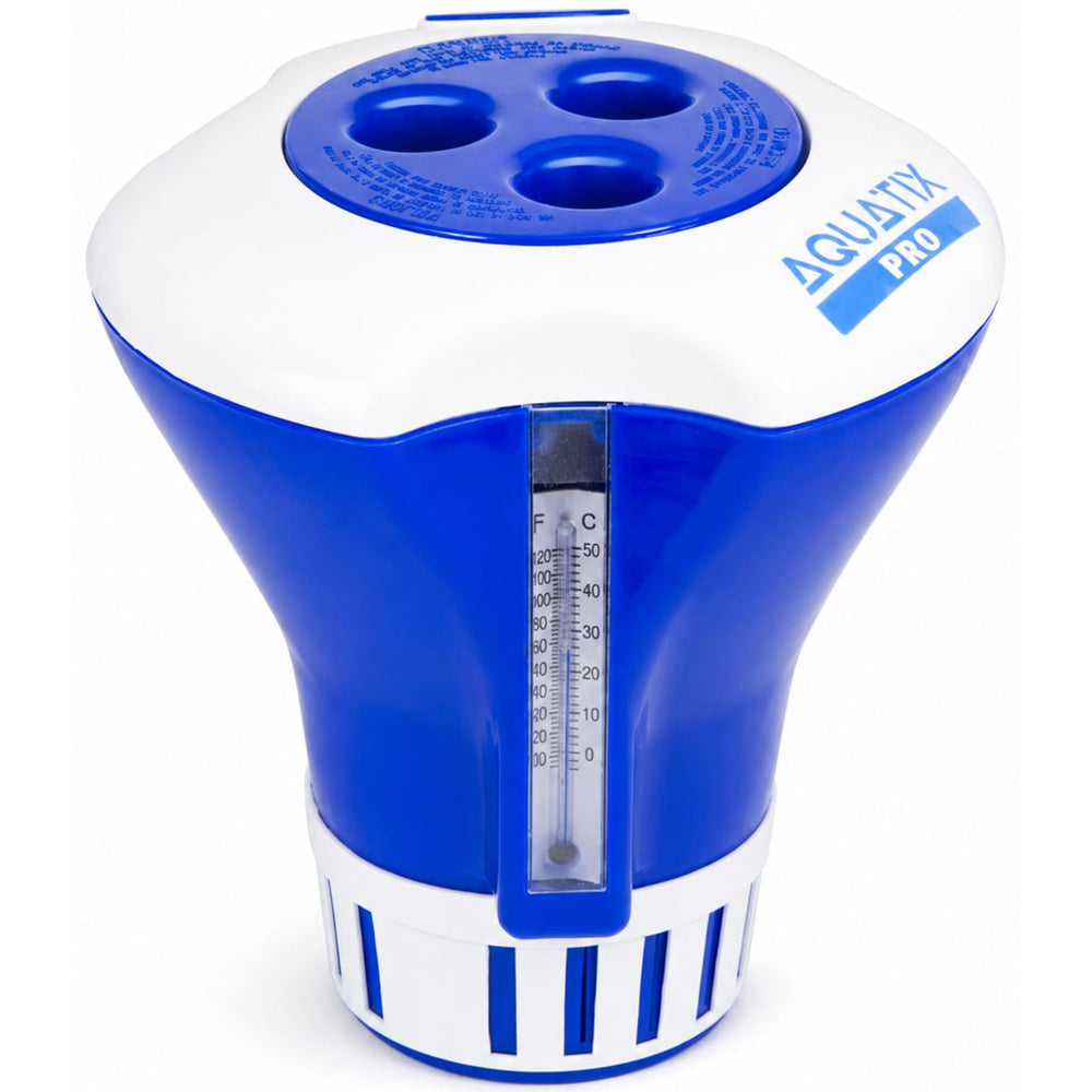 Aquatix Pro Pool Chlorine Floater Dispenser front view with thermometer