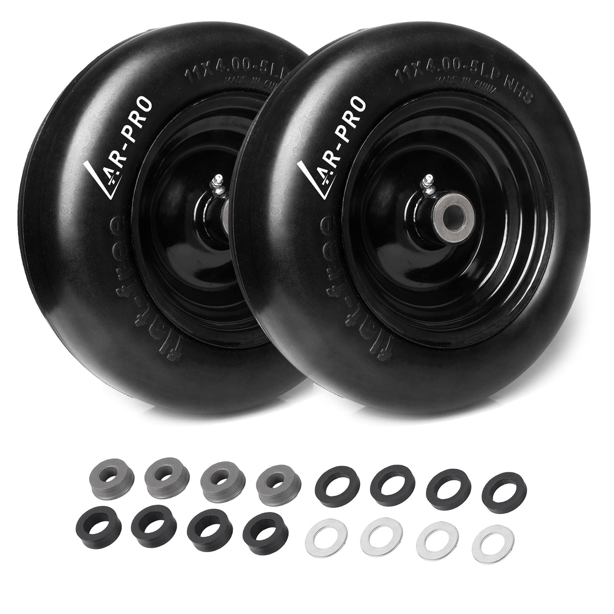 AR-PRO 11x4.00-5 flat free tire and wheel front view