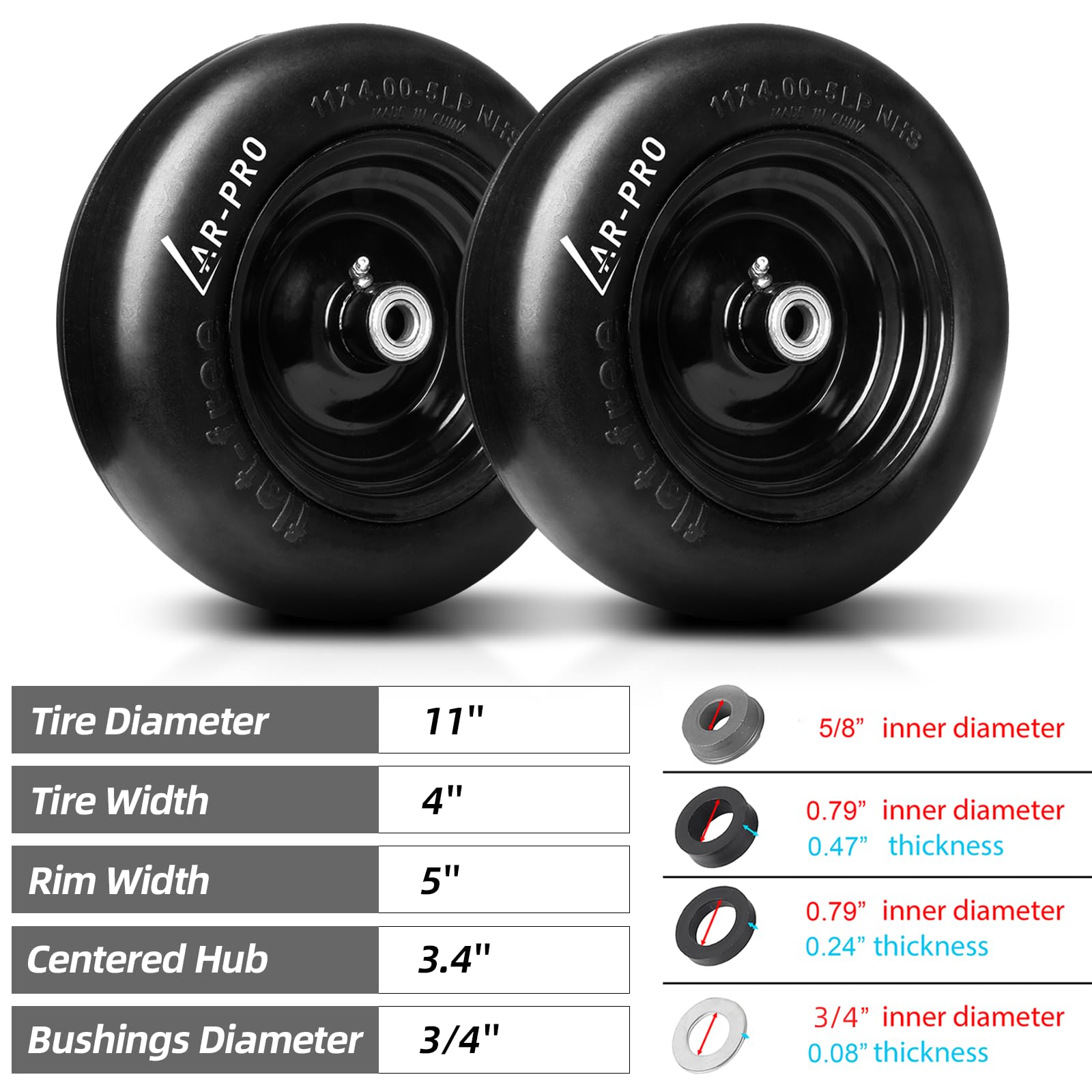 AR-PRO 11x4.00-5 flat free tire and wheel side view