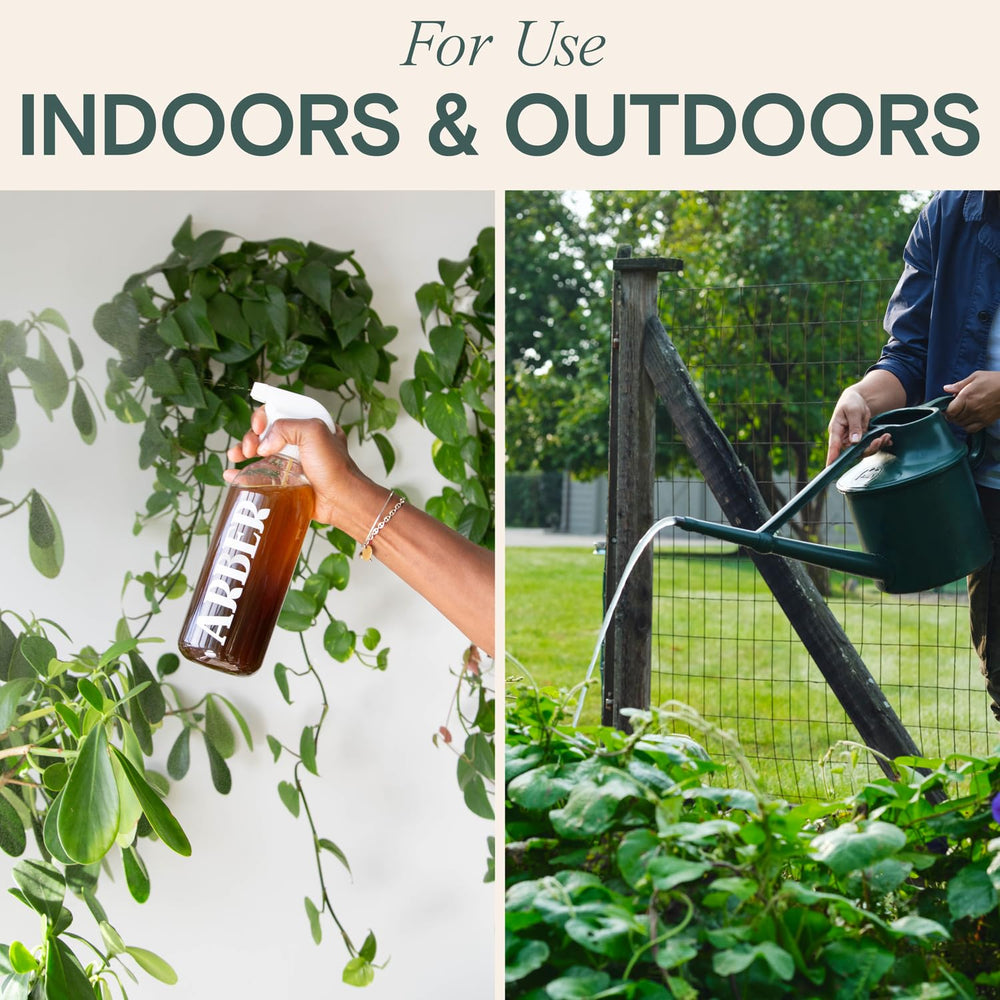 ARBER Organic Plant Food bottle in a garden setting