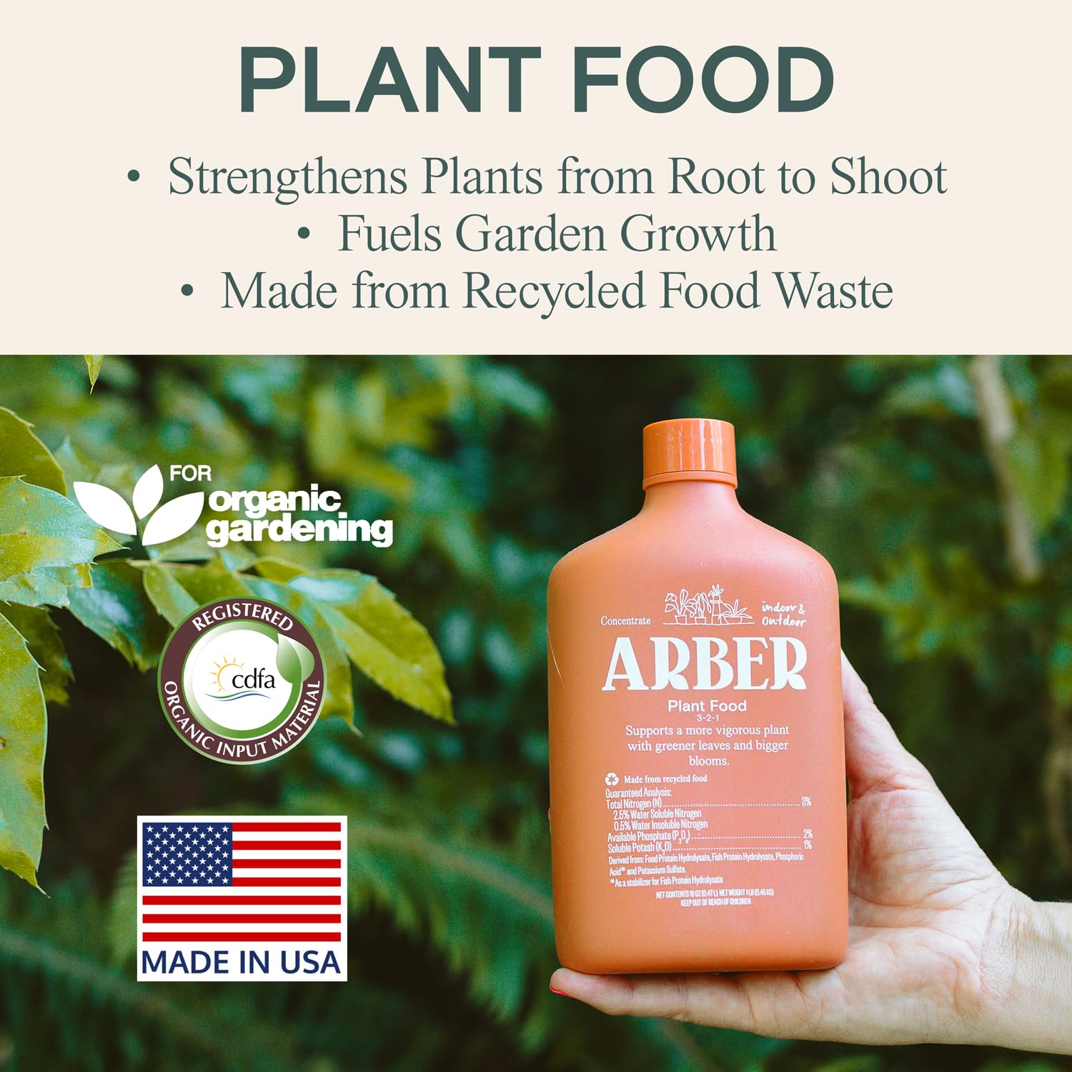 ARBER Organic Plant Food Liquid Fertilizer back view showing ingredients