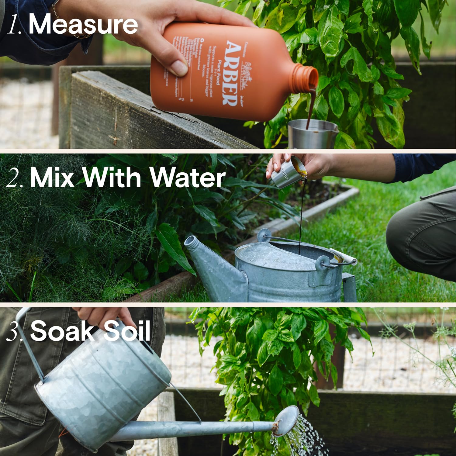 ARBER Organic Plant Food Liquid Fertilizer on a table with gardening tools