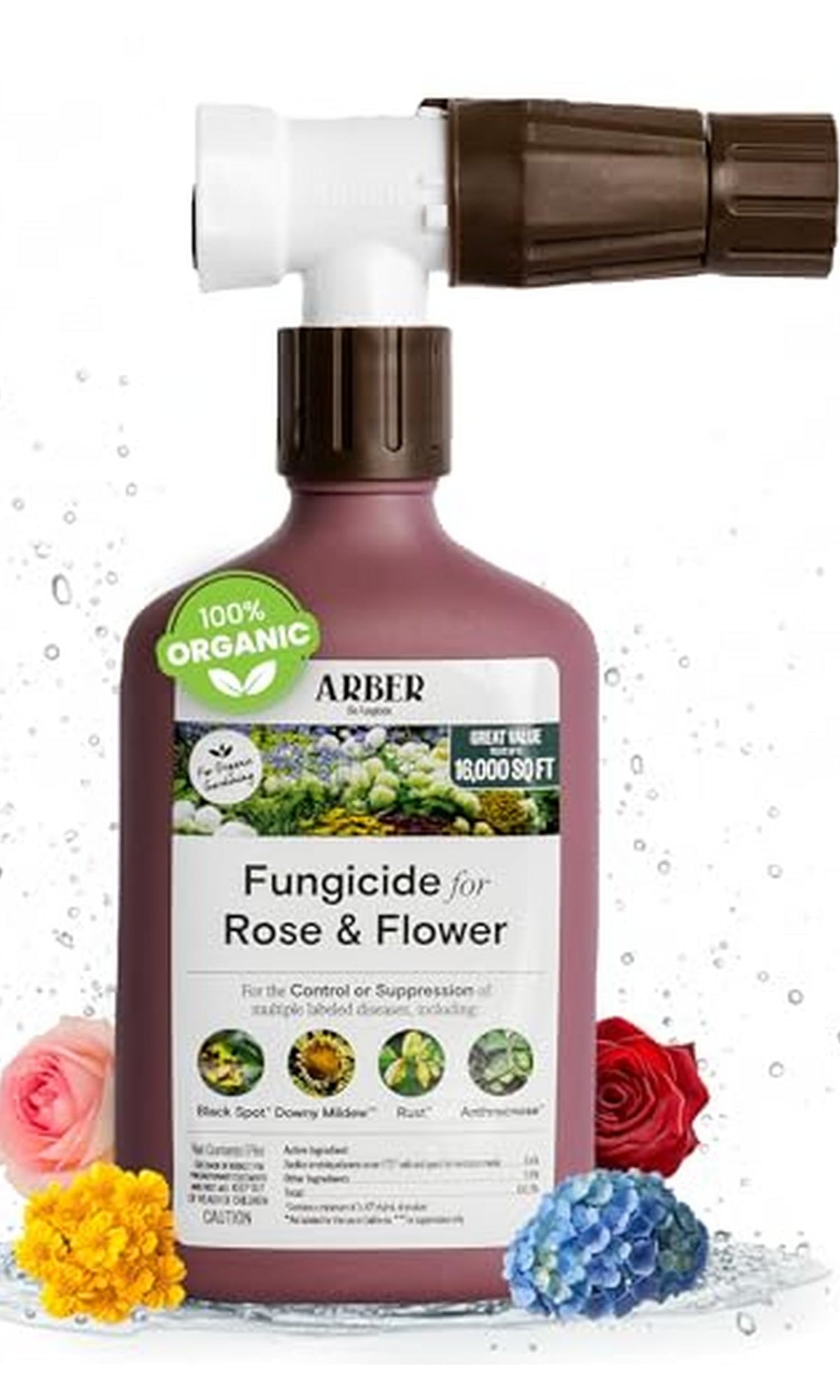 ARBER Organic Rose Fungicide 16 oz front view with hose-end sprayer