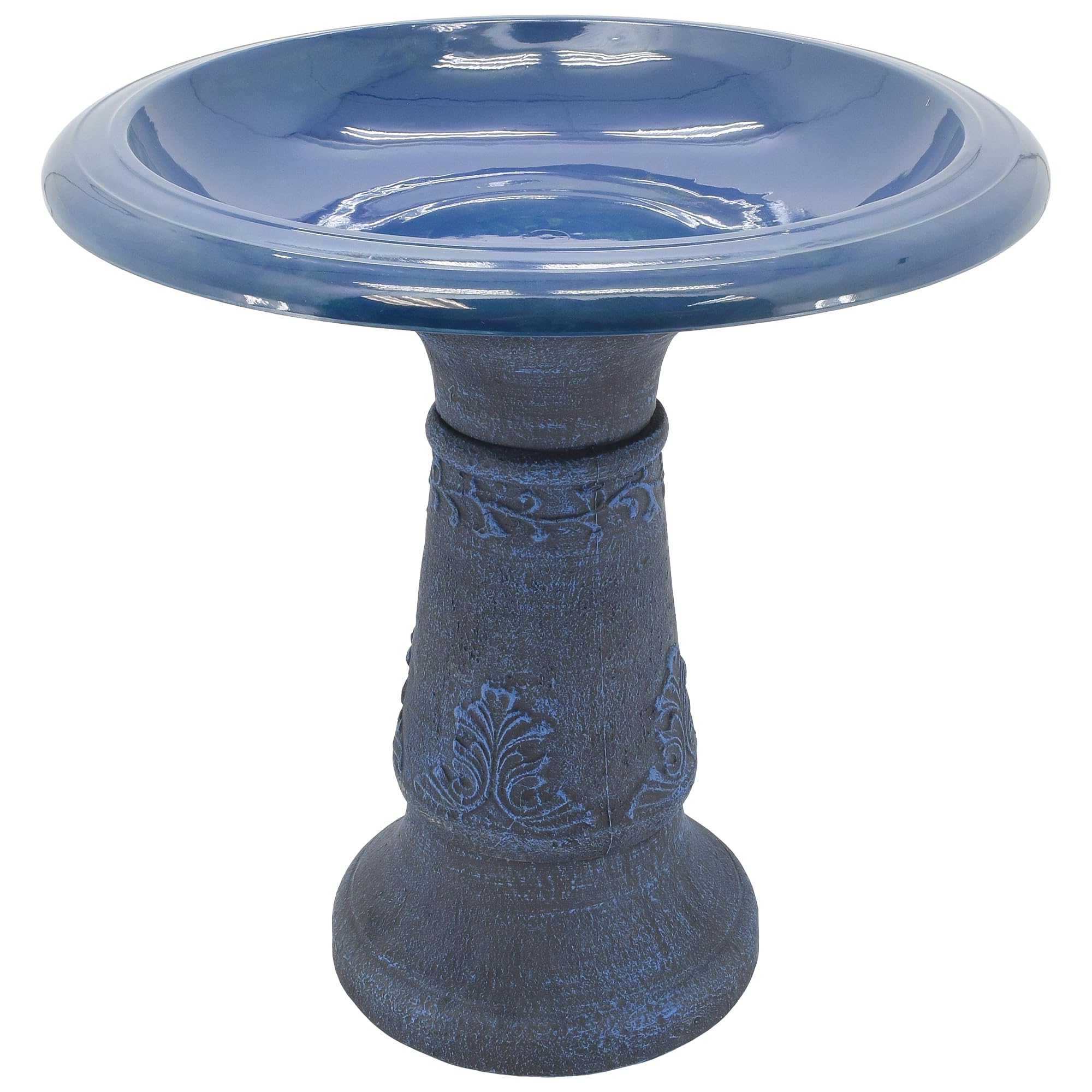 Arcadia Garden Products Blue Bird Bath front view with floral design