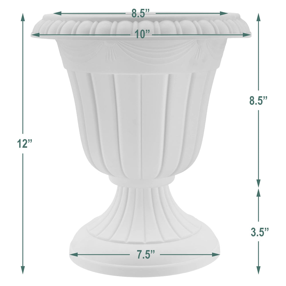 Arcadia Garden Products traditional taupe urn planter in garden setting