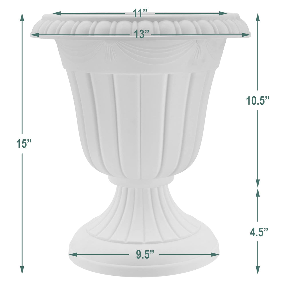Arcadia Gray Plastic Urn Planter in a garden setting
