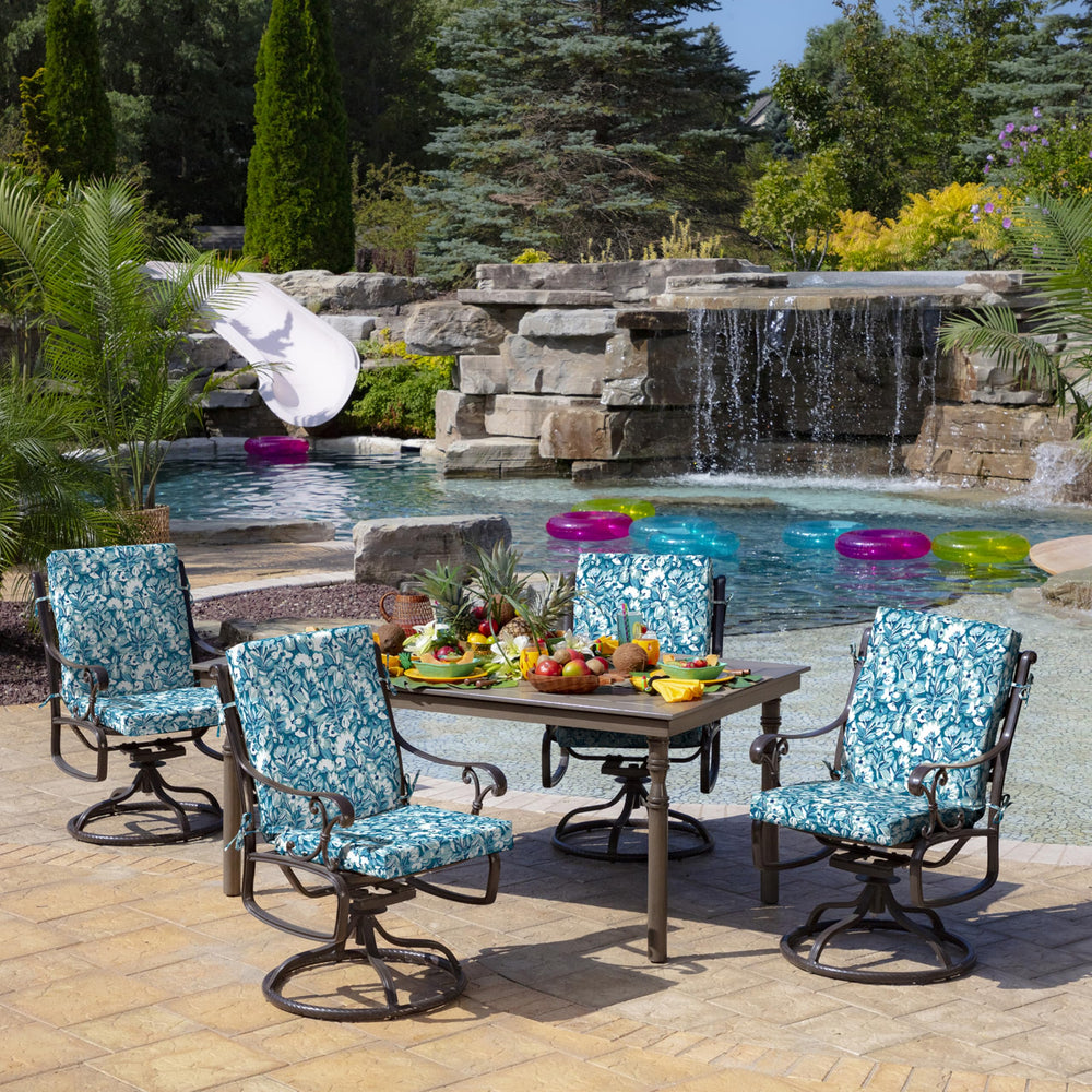 Arden Chair Cushion displayed in an outdoor dining setting