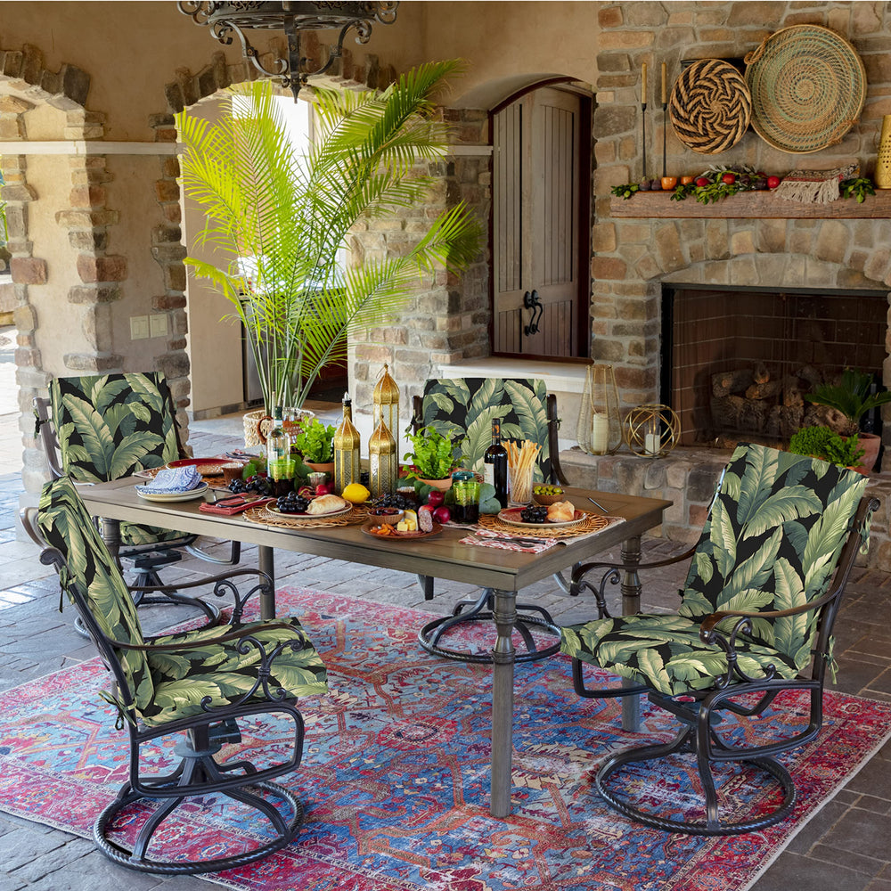 Arden Outdoor Chair Cushion placed on a patio dining chair