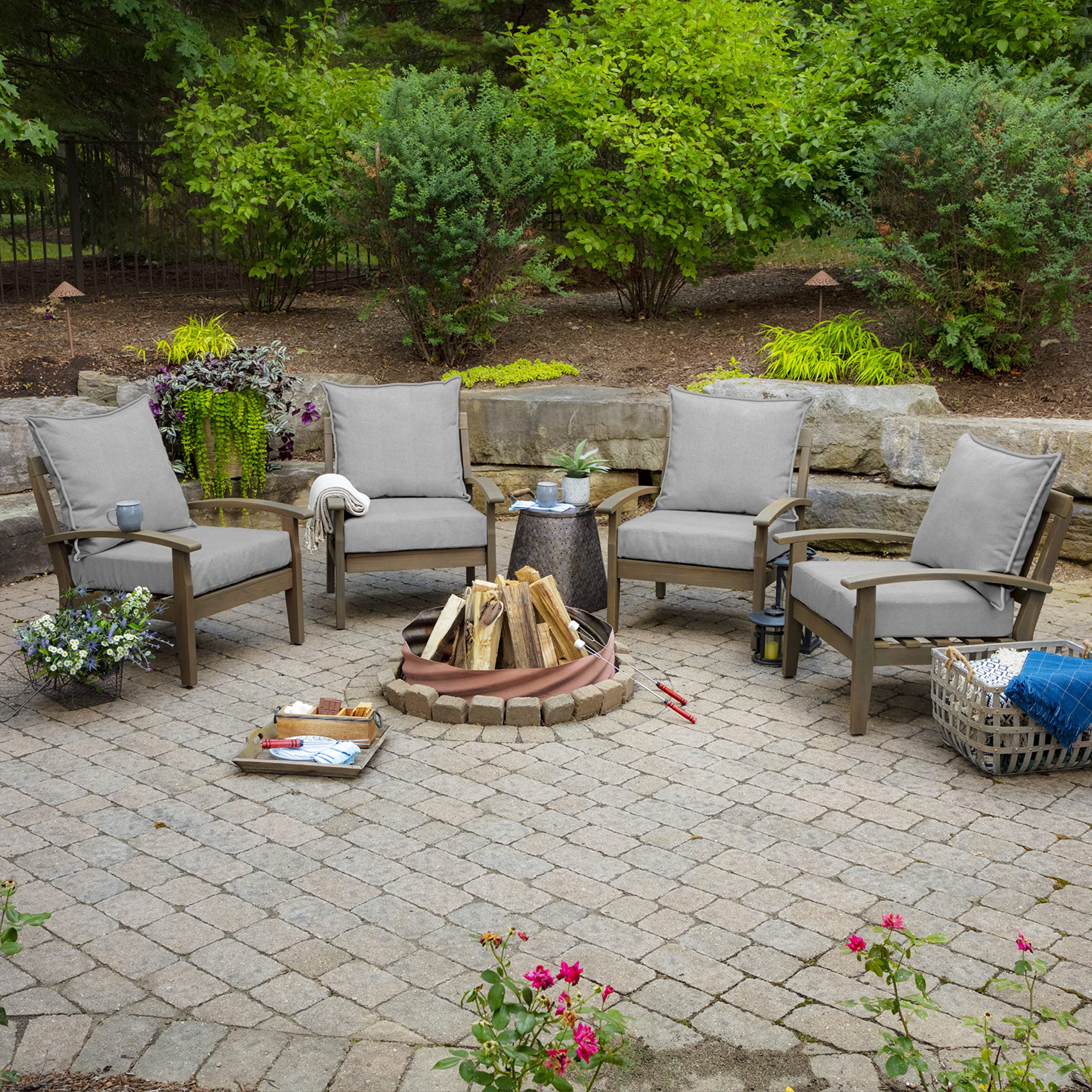 Arden Outdoor Deep Seat Cushion Set in a garden setting