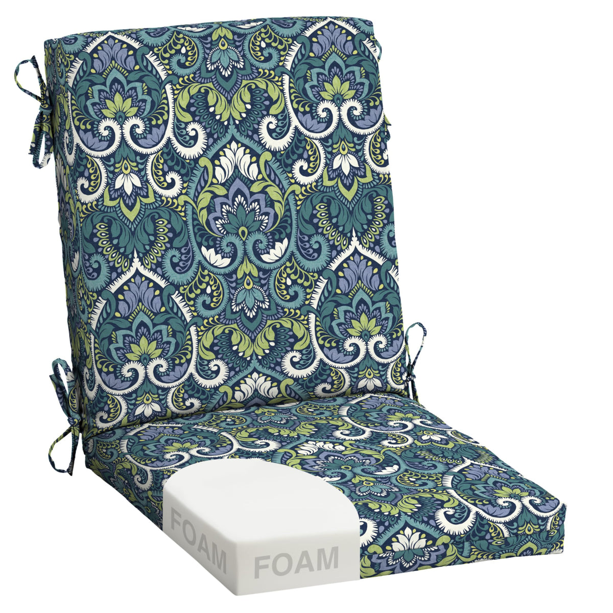 Arden Outdoor Dining Chair Cushion in Sapphire Aurora Blue Damask front view