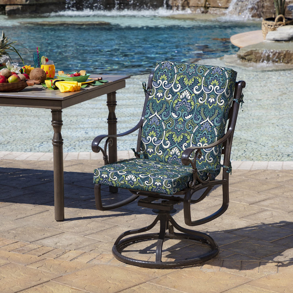 Arden Outdoor Dining Chair Cushion showing side view and ties