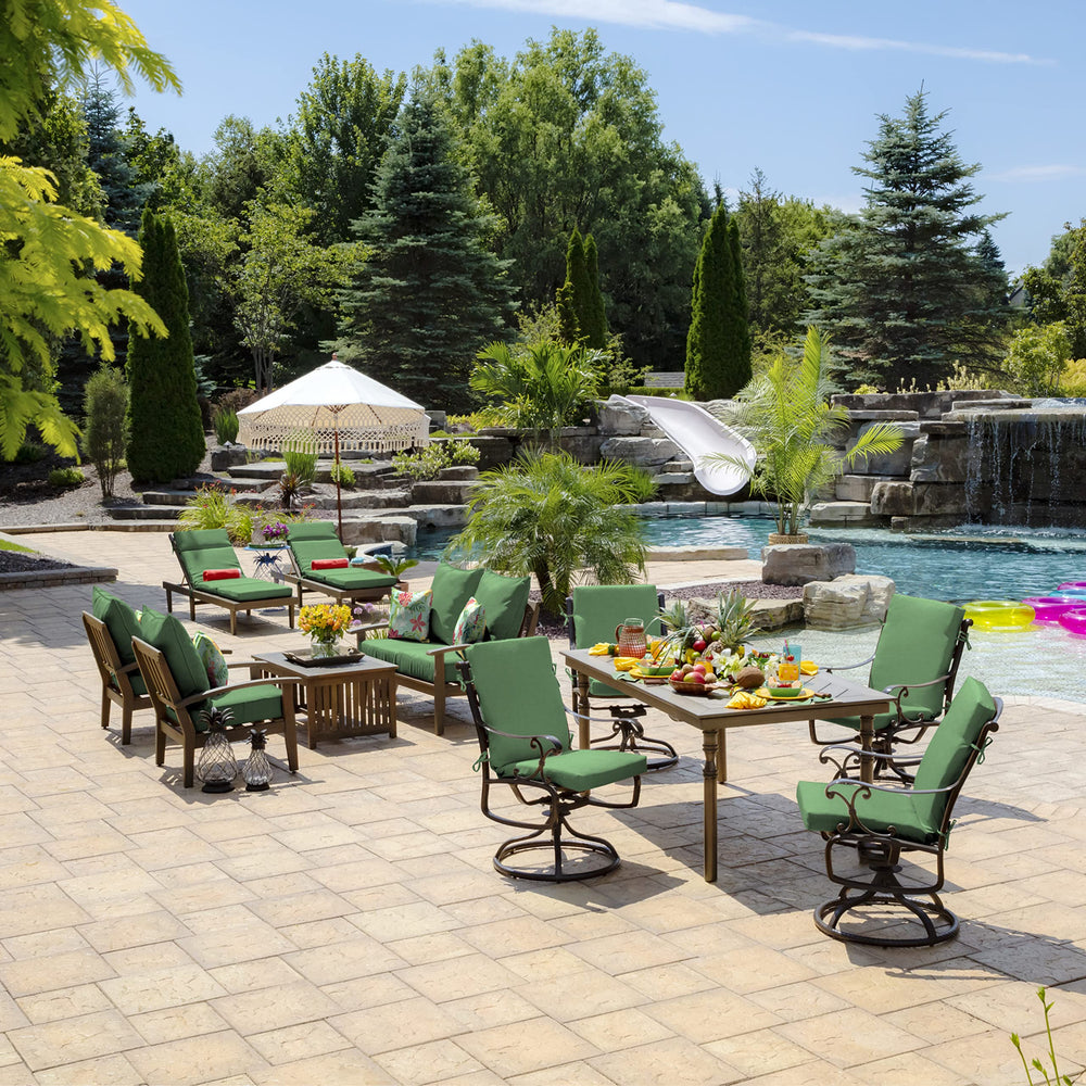 Arden Outdoor Midback Chair Cushion in a garden setting