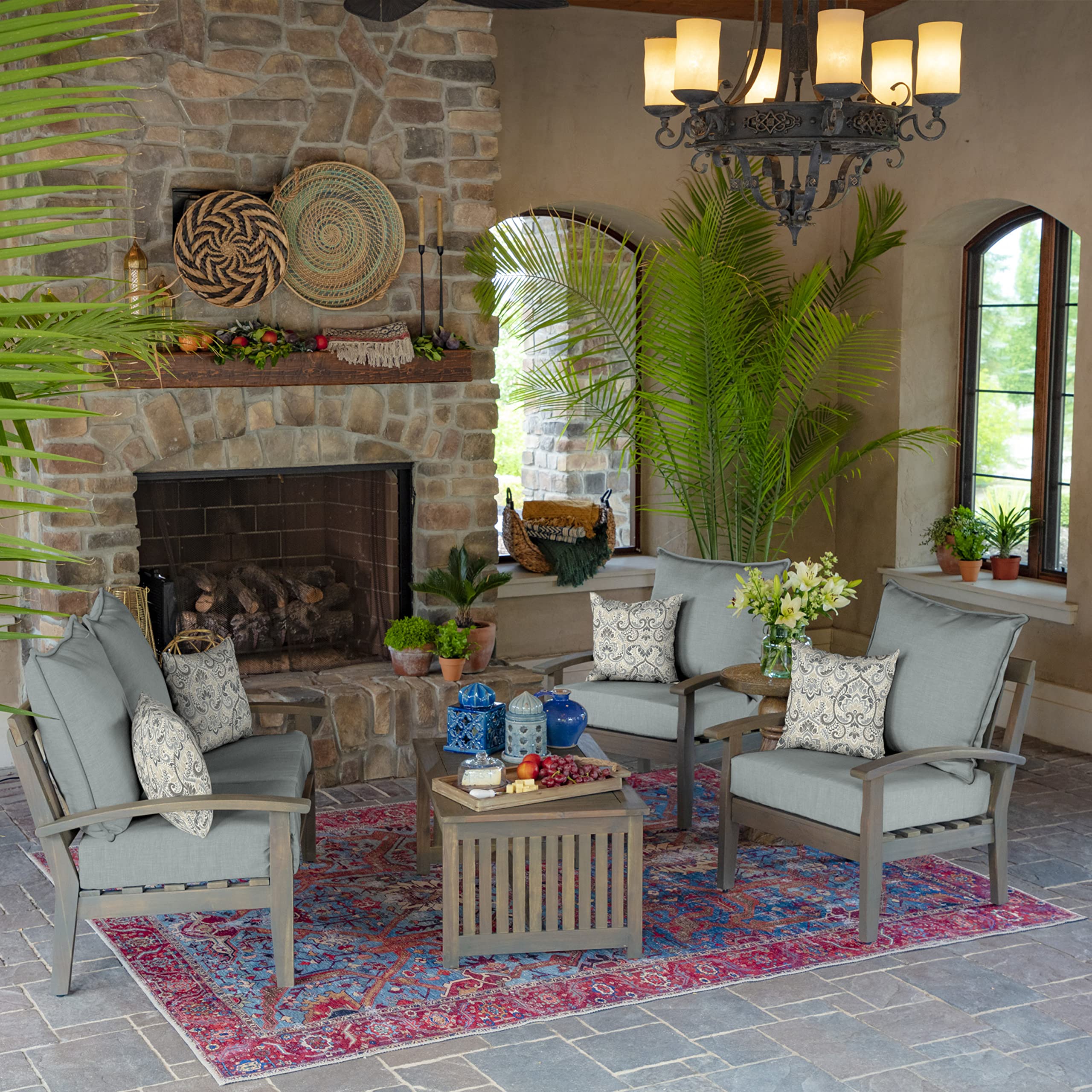 Arden Outdoor Toss Pillow stack showing various patterns