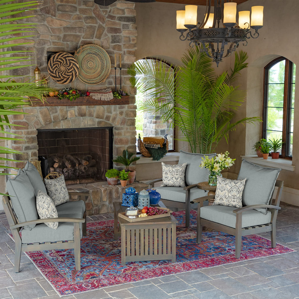 Arden Outdoor Toss Pillow stack showing various patterns