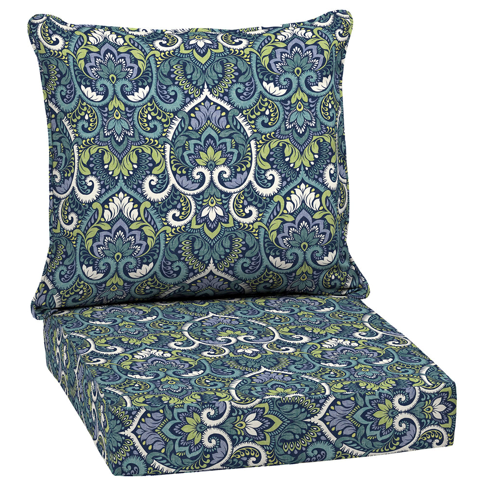 Arden Selections Outdoor Deep Seat Cushion Set front view, Sapphire Aurora Blue Damask