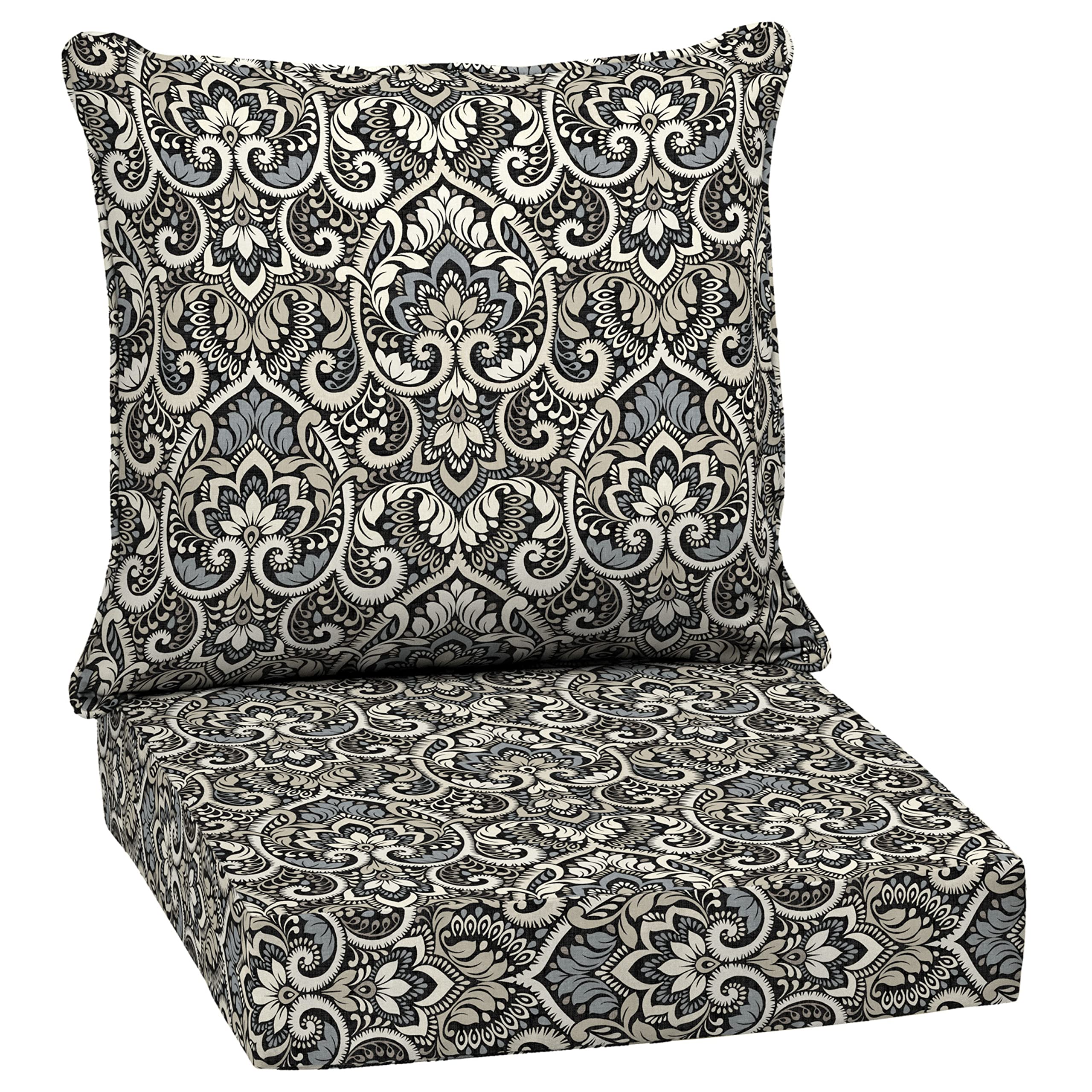 Arden Selections Outdoor Deep Seat Cushion Set in Black Aurora Damask, front view