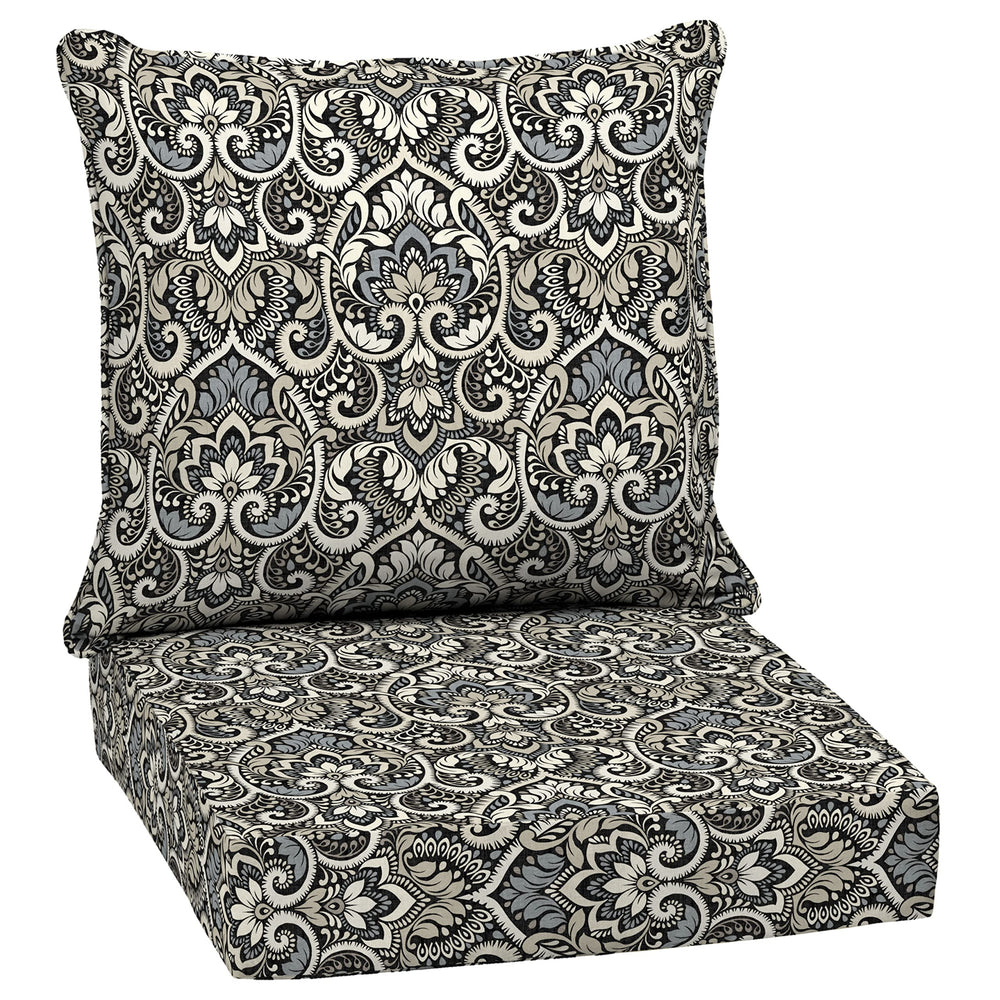Arden Selections Outdoor Deep Seat Cushion Set in Black Aurora Damask, front view