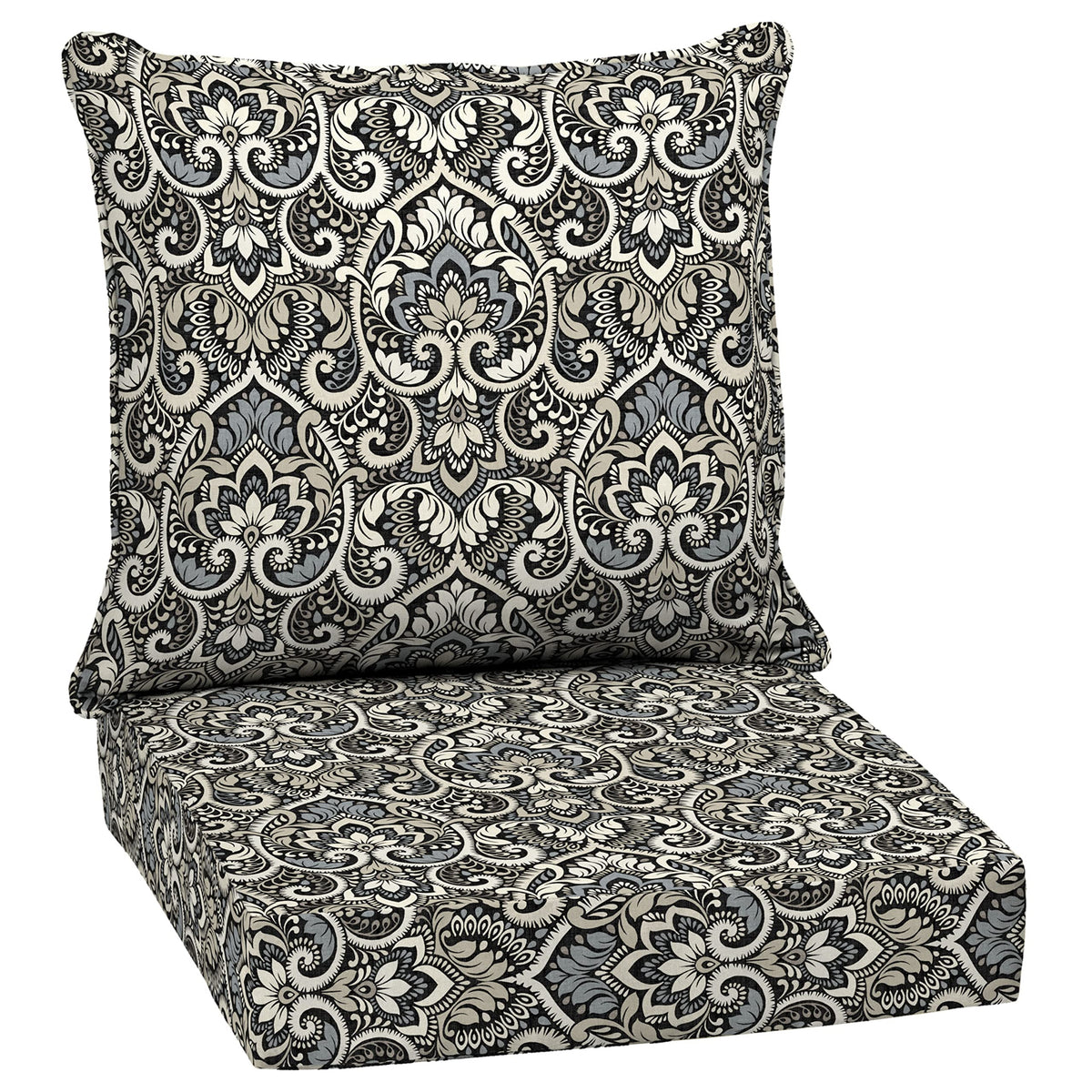 Arden Selections Outdoor Deep Seat Cushion Set in Black Aurora Damask, front view