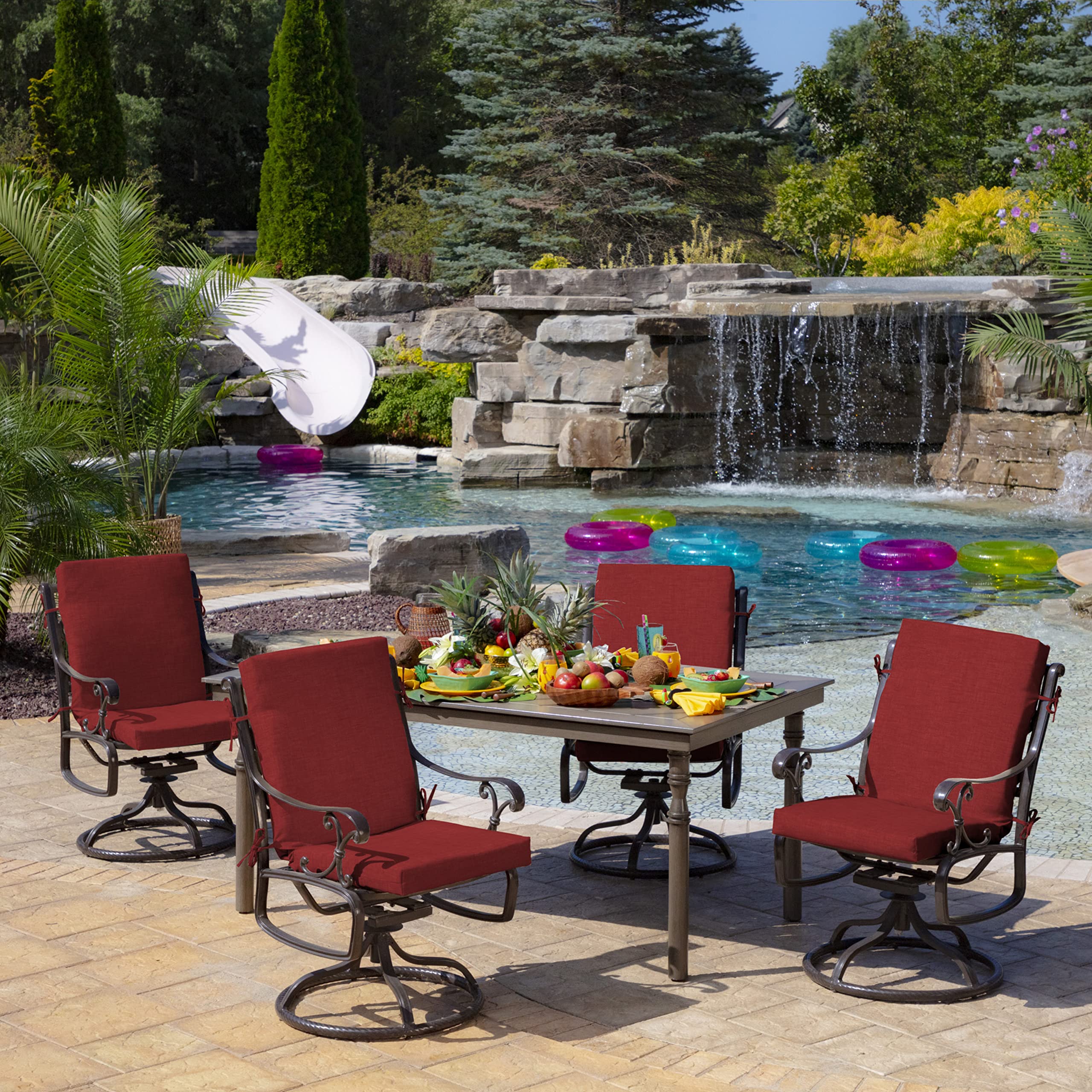 Arden Selections Outdoor Midback Chair Cushion Ruby Red in garden setting