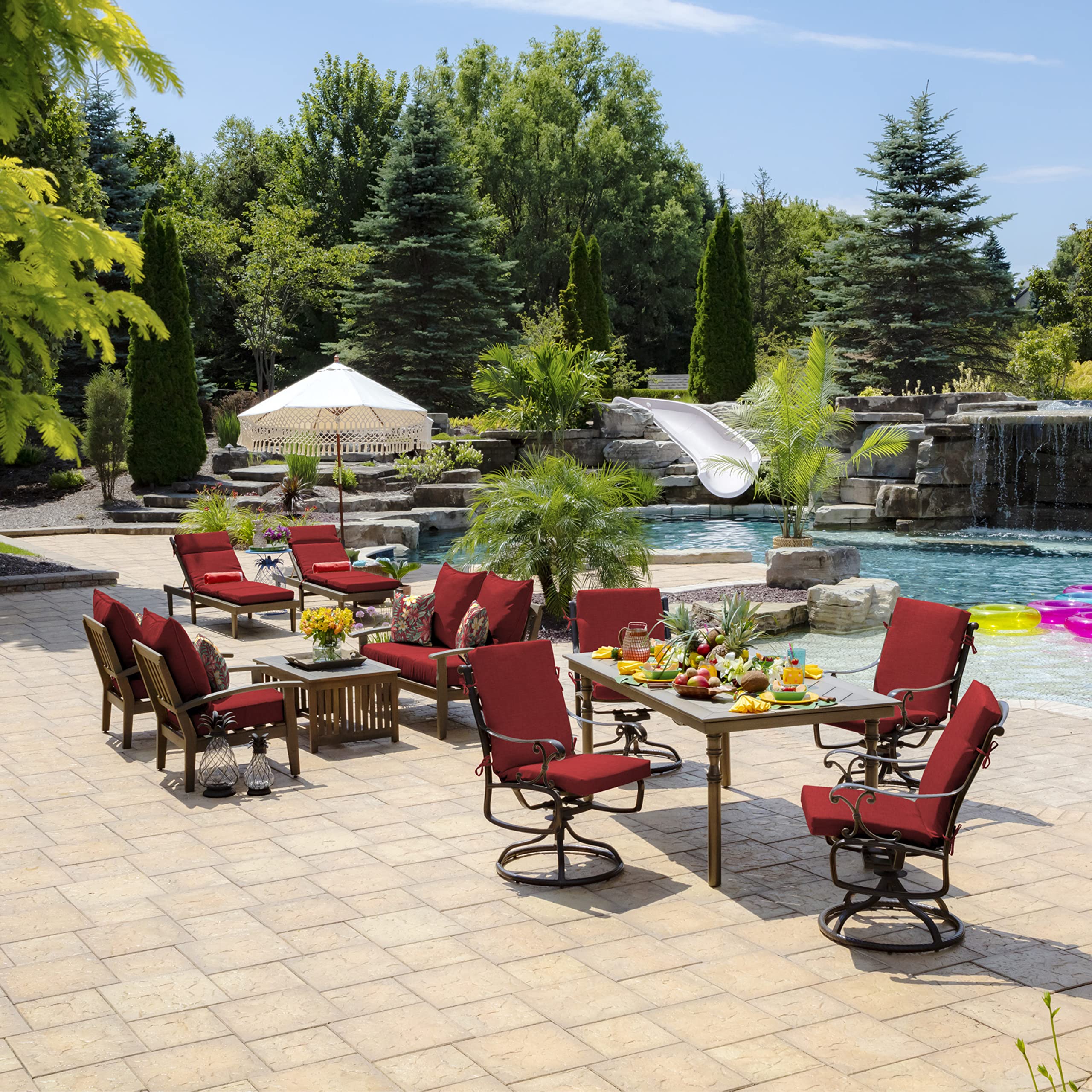 Arden Selections Outdoor Midback Chair Cushion Ruby Red with decorative elements