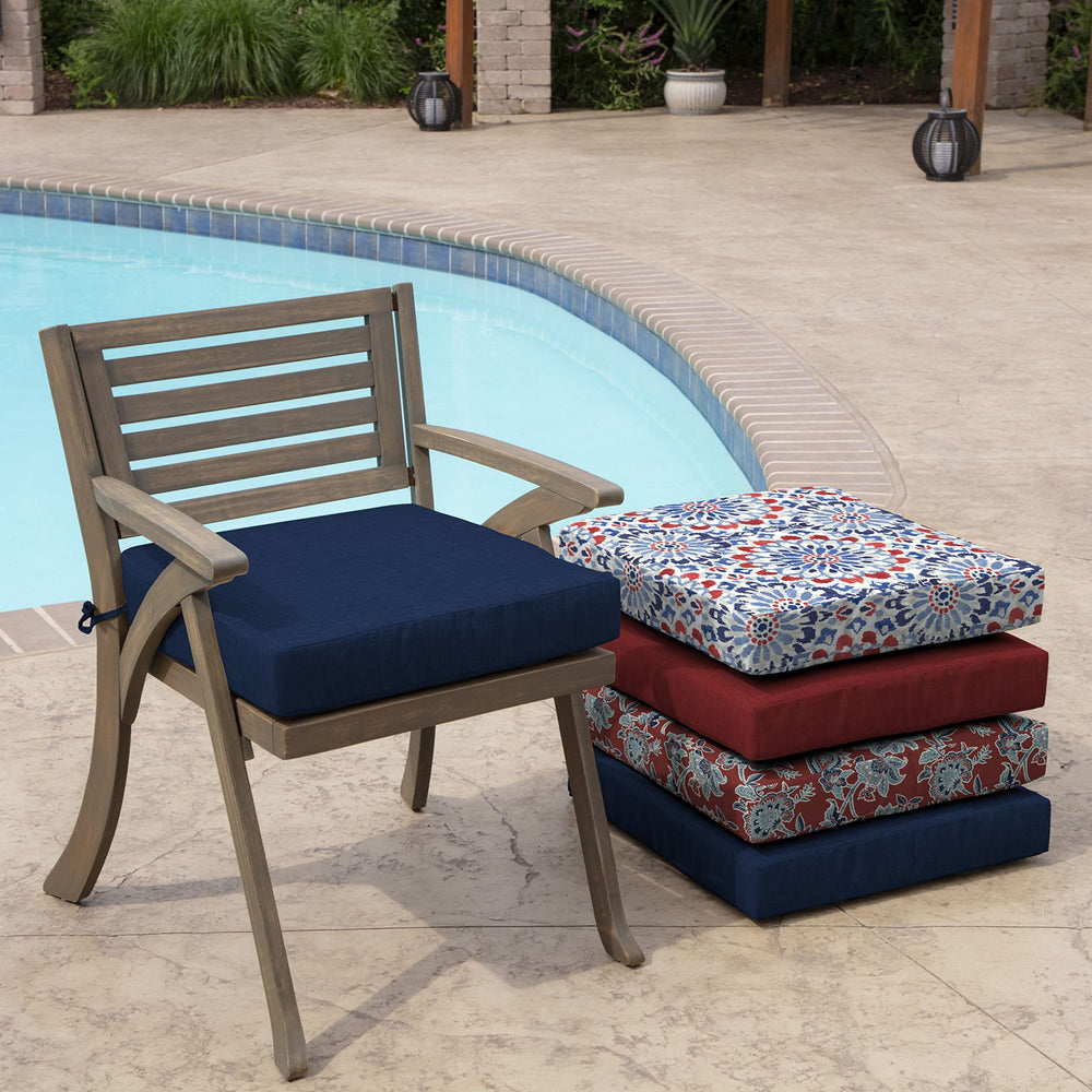 Arden Selections Outdoor Seat Pad Cushion 21x21 Sapphire Blue in garden setting