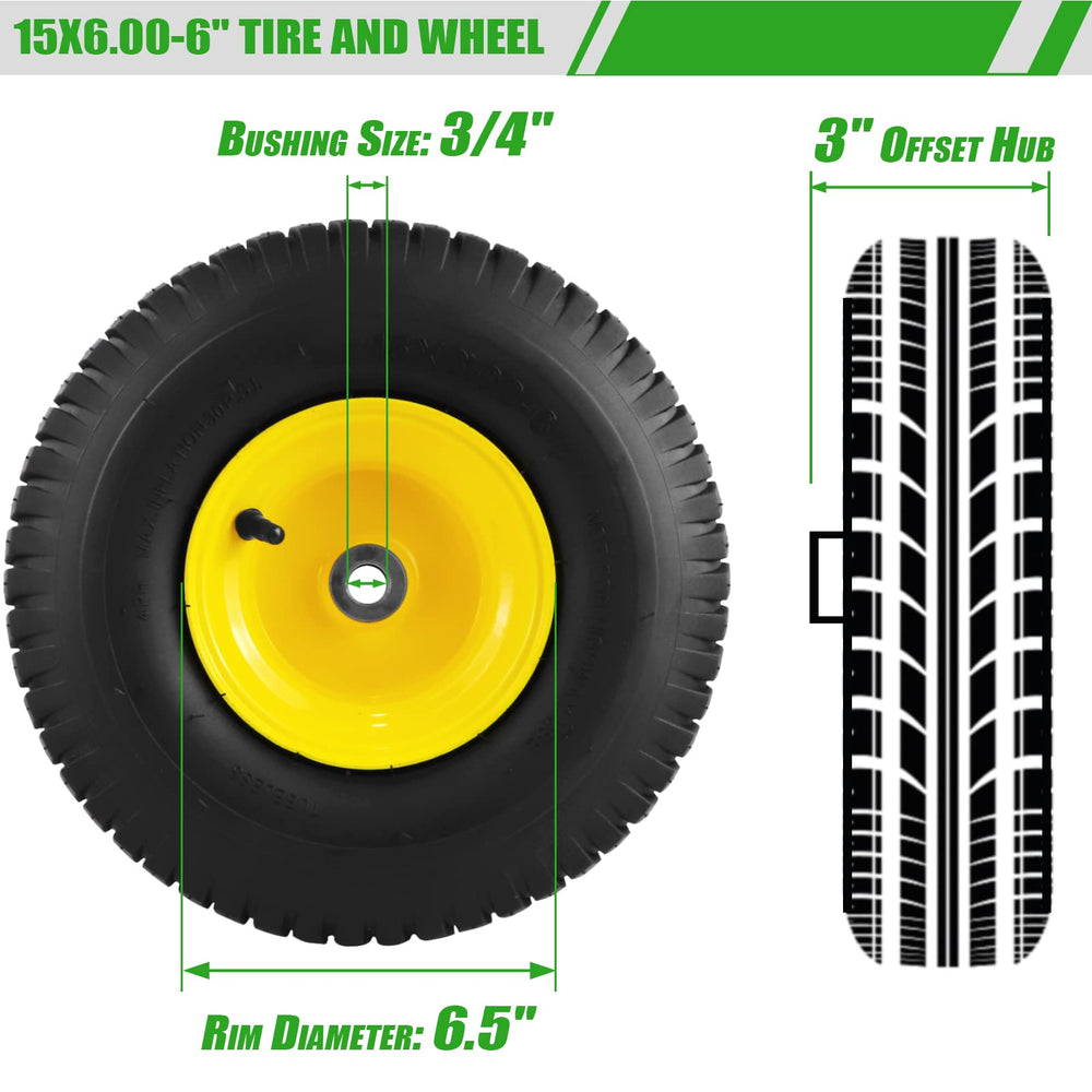 Aremae 15x6.00-6 Tubeless Lawn Mower Tire with 3/4" bushing
