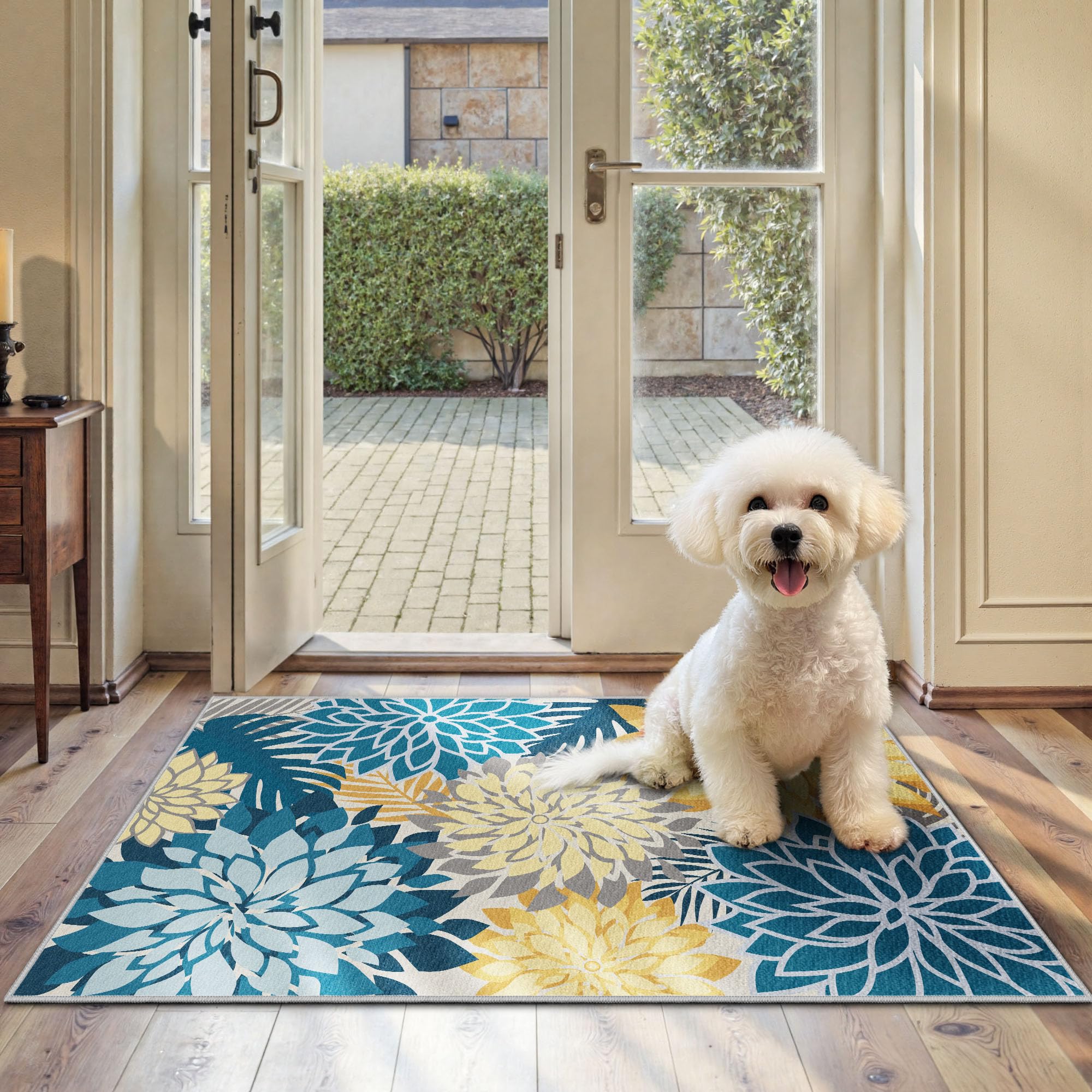 Arenarug Outdoor Rug 2x3' Ocean Dahlia floral design front view