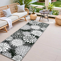 Arenarug Outdoor Rug 2x6 Black Floral Pattern, front view