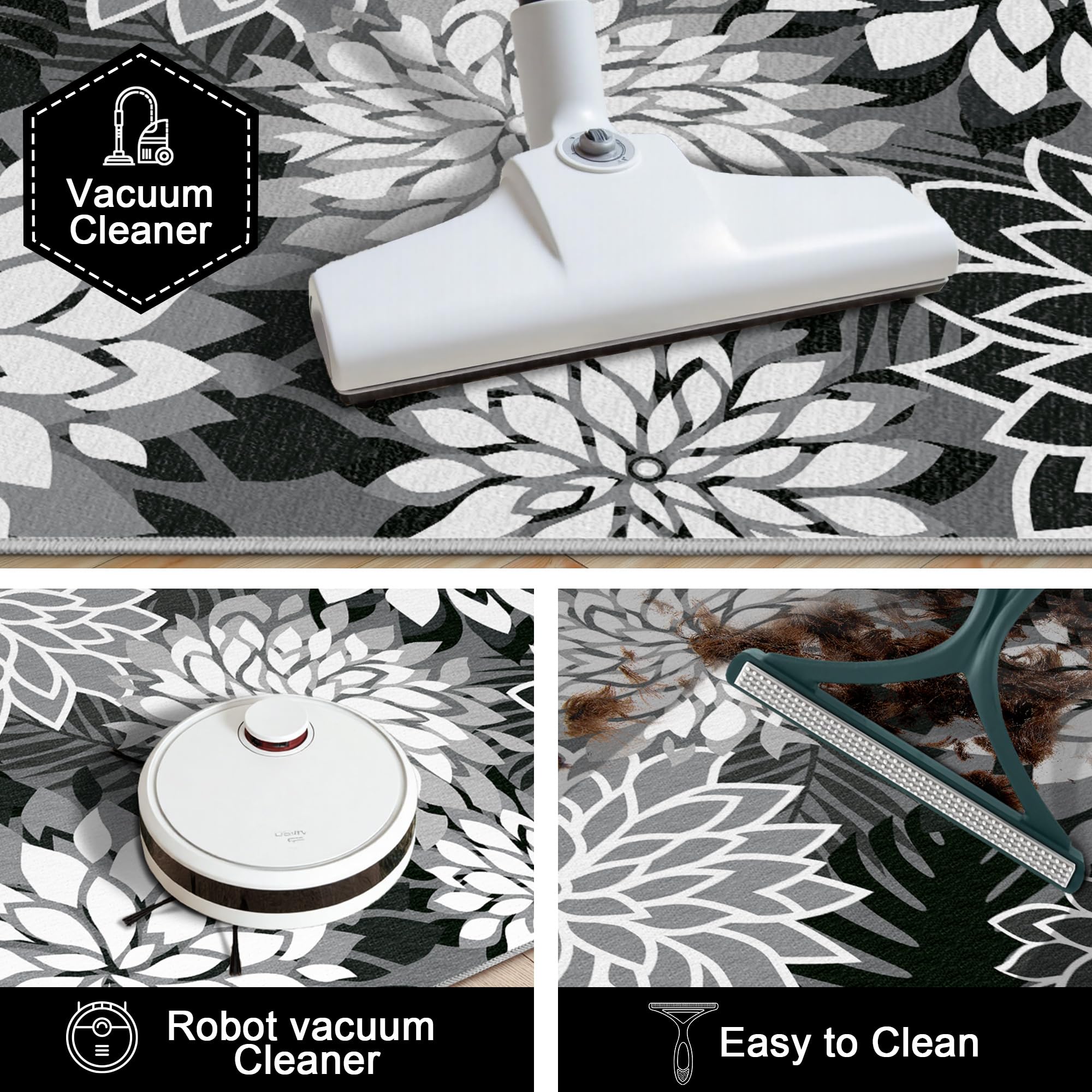 Arenarug Outdoor Rug 2x6 Black Floral Pattern, textured close-up
