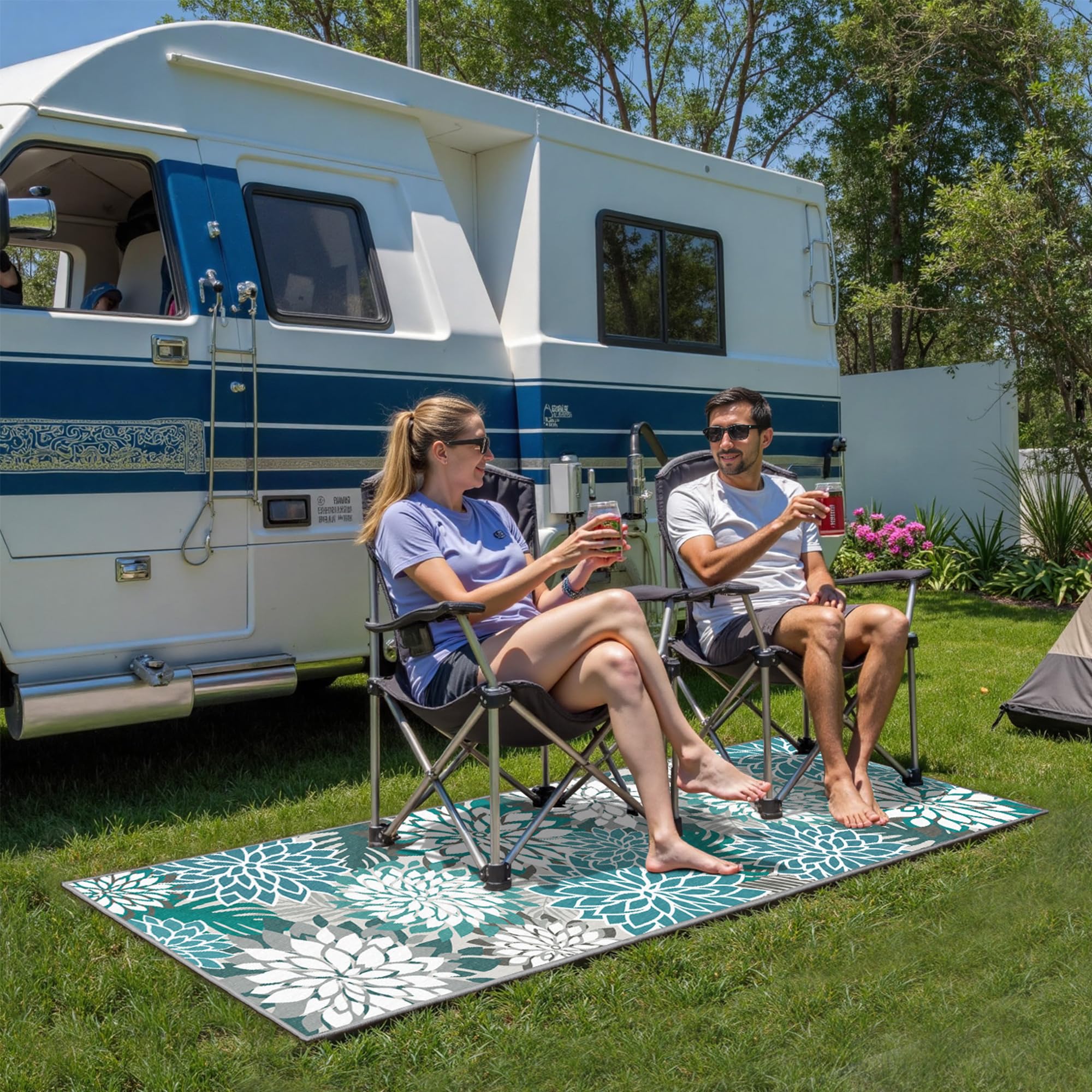 Arenarug Outdoor Rug 2x6 teal floral layout