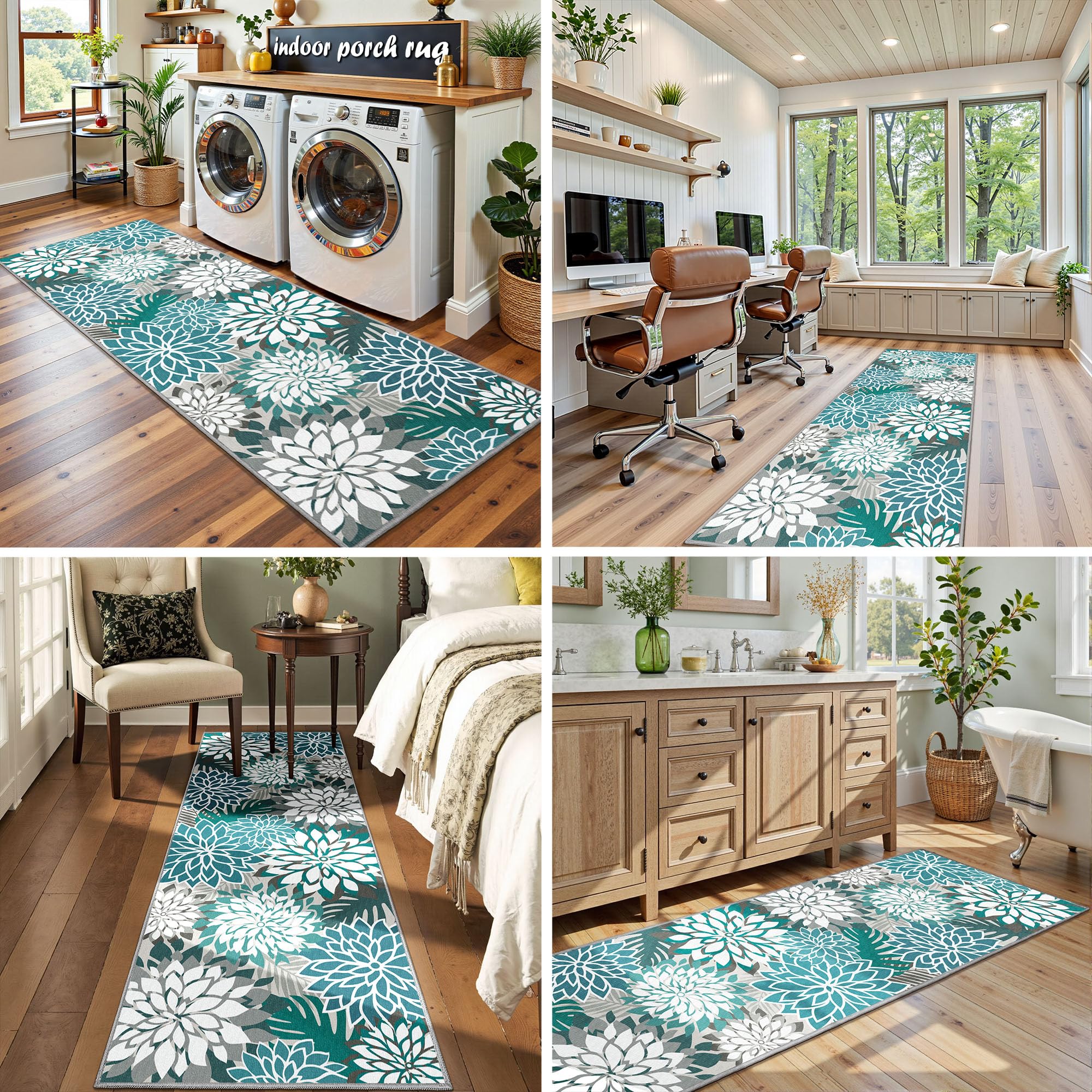 Arenarug Outdoor Rug 2x6 teal floral pattern back view
