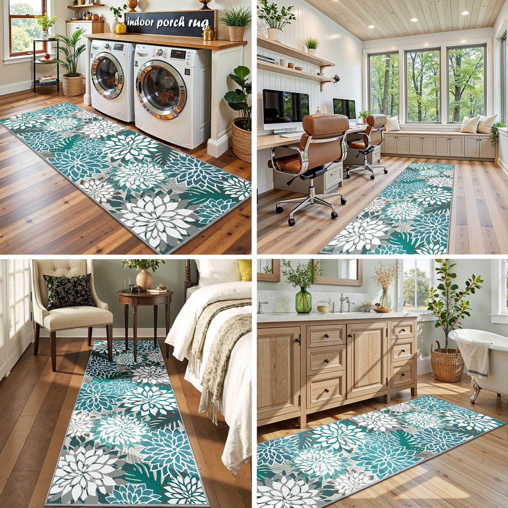 Arenarug Outdoor Rug 2x6 teal floral pattern back view