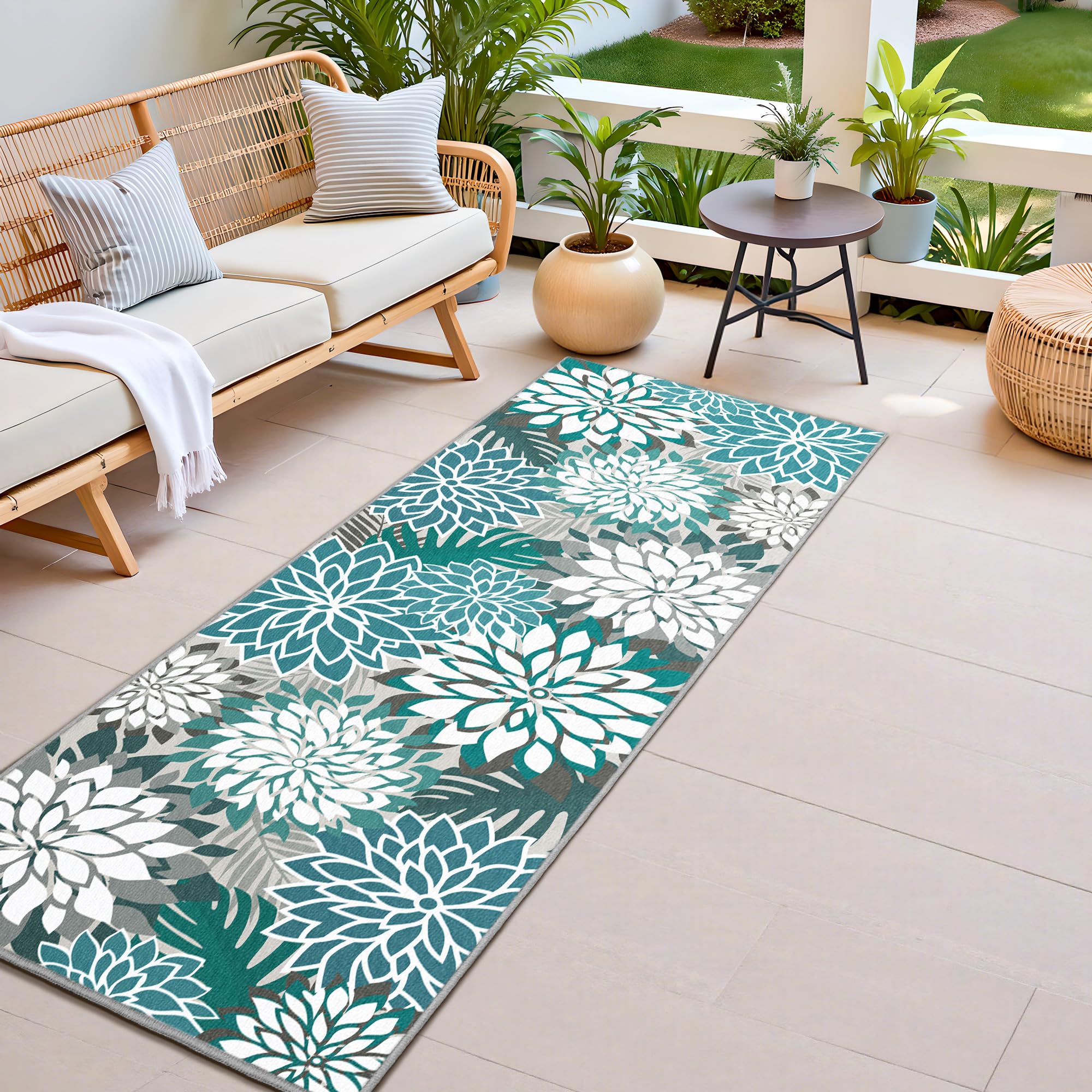 Arenarug Outdoor Rug 2x6 teal floral pattern front view