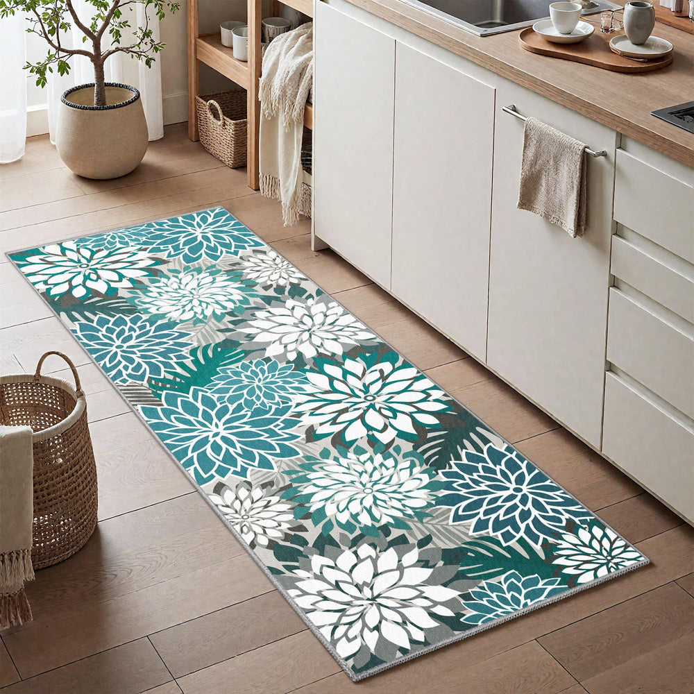 Arenarug Outdoor Rug 2x6 teal floral pattern in garden