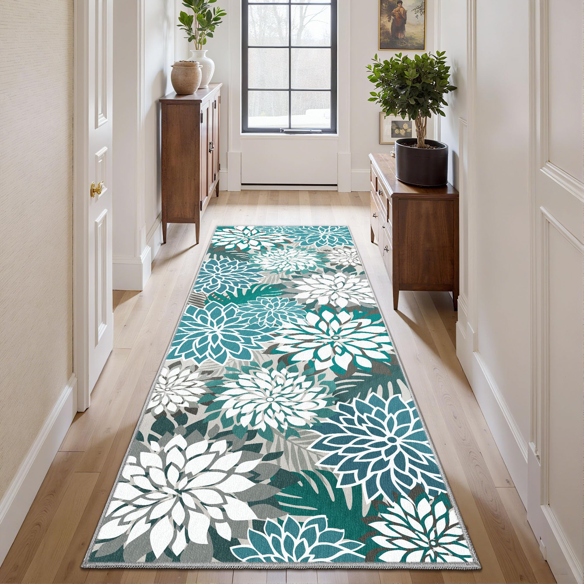 Arenarug Outdoor Rug 2x6 teal floral pattern with furniture