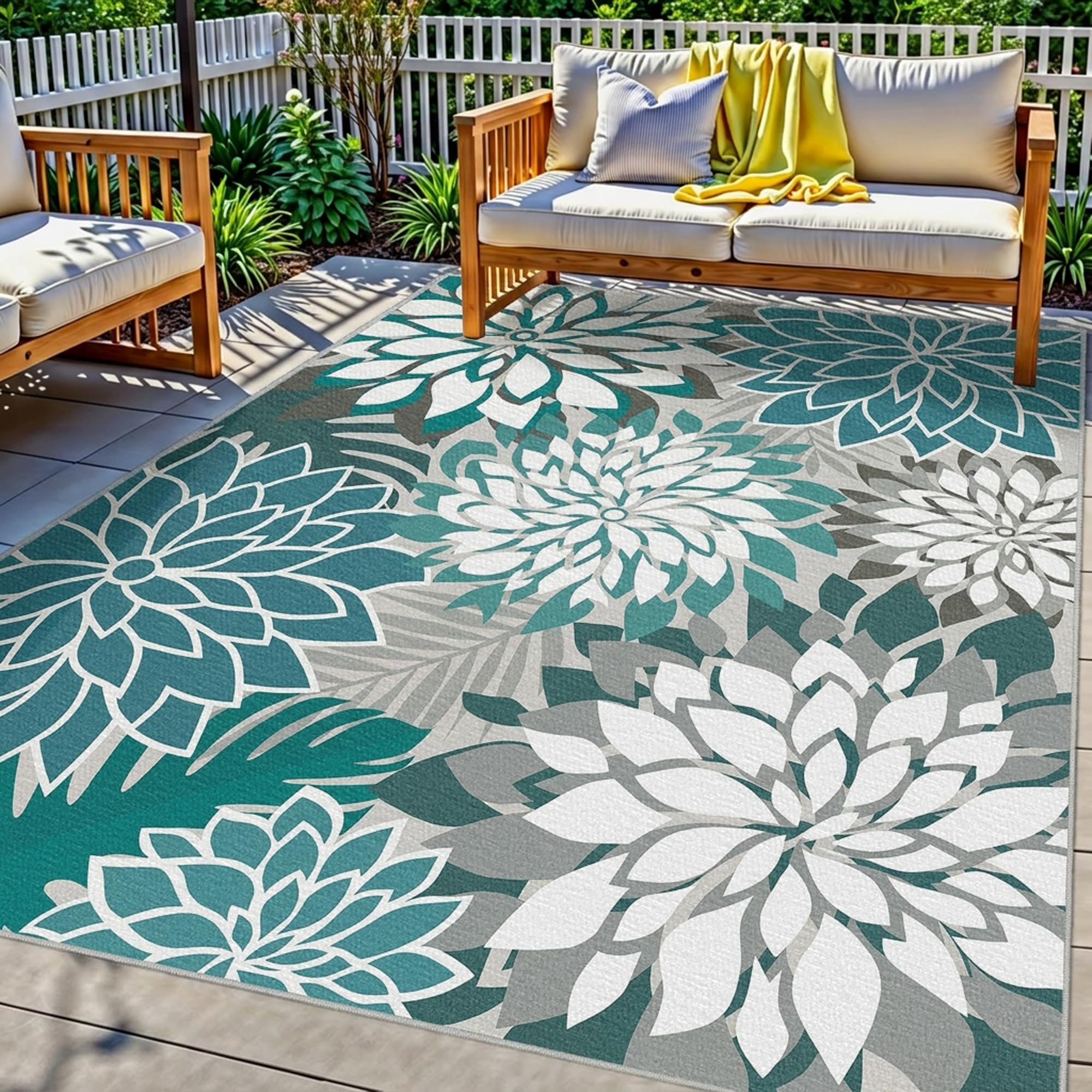 Arenarug Outdoor Rug 5' x 8' teal floral pattern front view