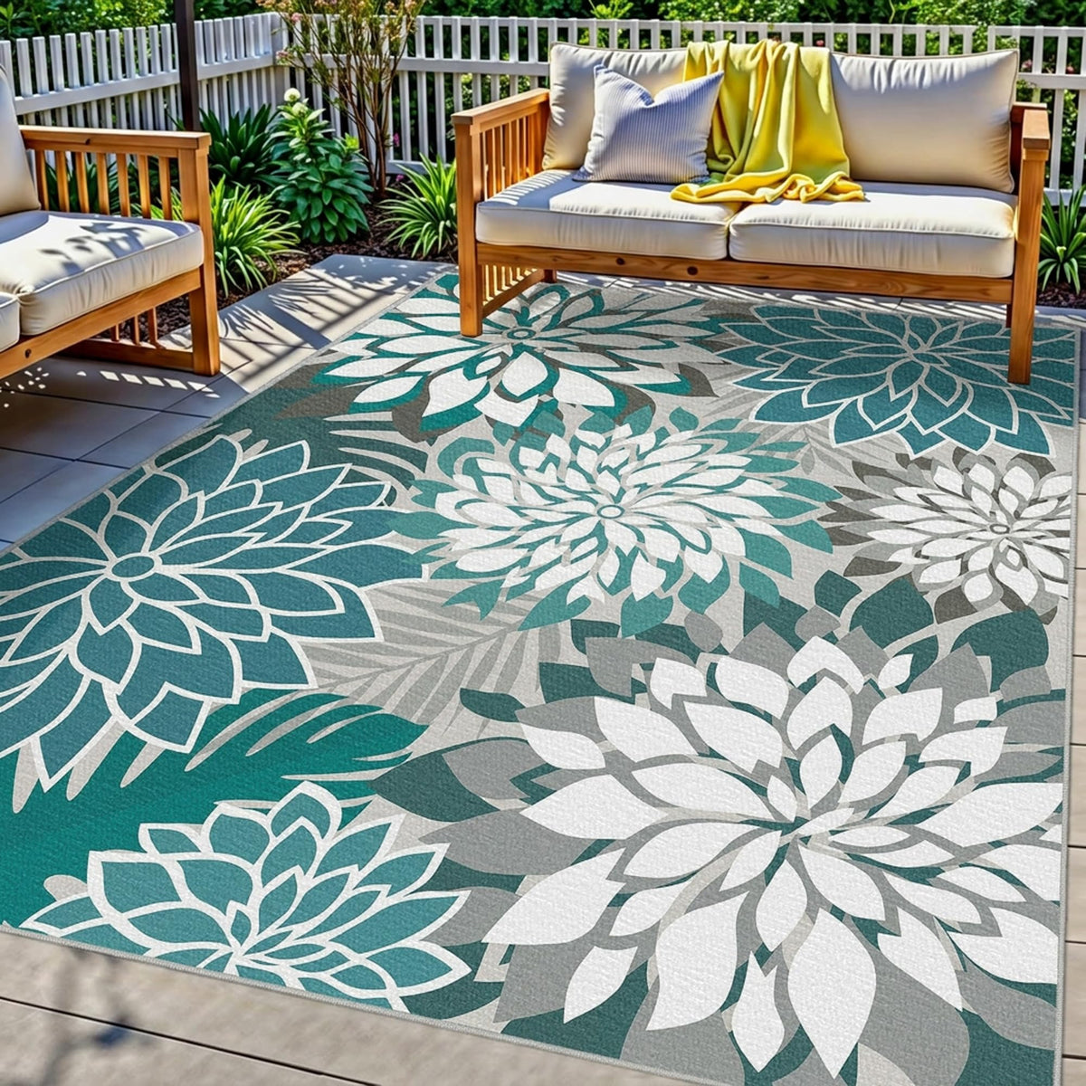 Arenarug Outdoor Rug 5' x 8' teal floral pattern front view