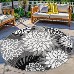 Arenarug Outdoor Rug 6' Round black floral pattern front view