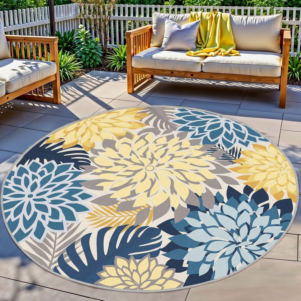 Arenarug Outdoor Rug 6' Round Ocean Dahlia floral pattern