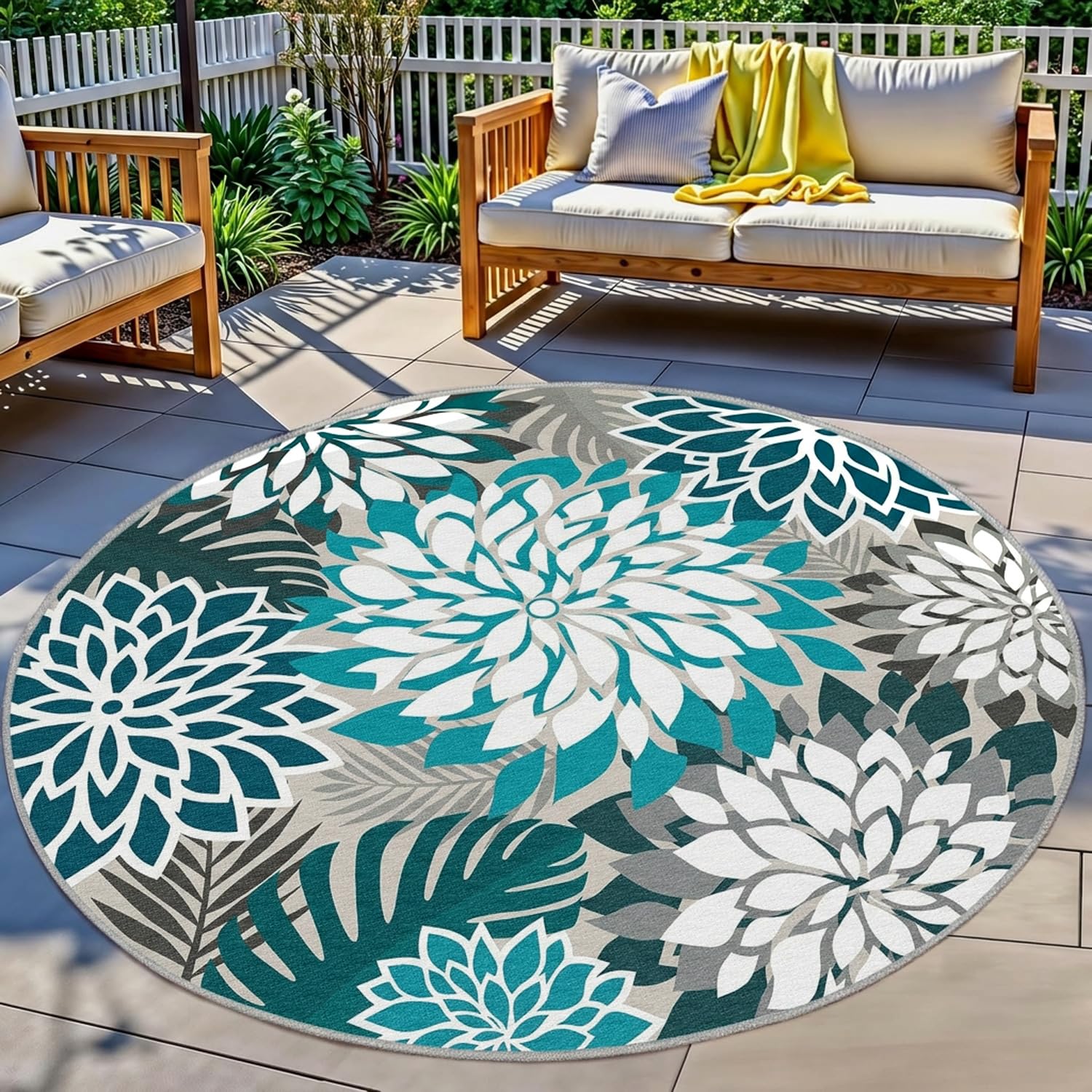 Arenarug Outdoor Rug 6' Round Teal Floral Pattern front view